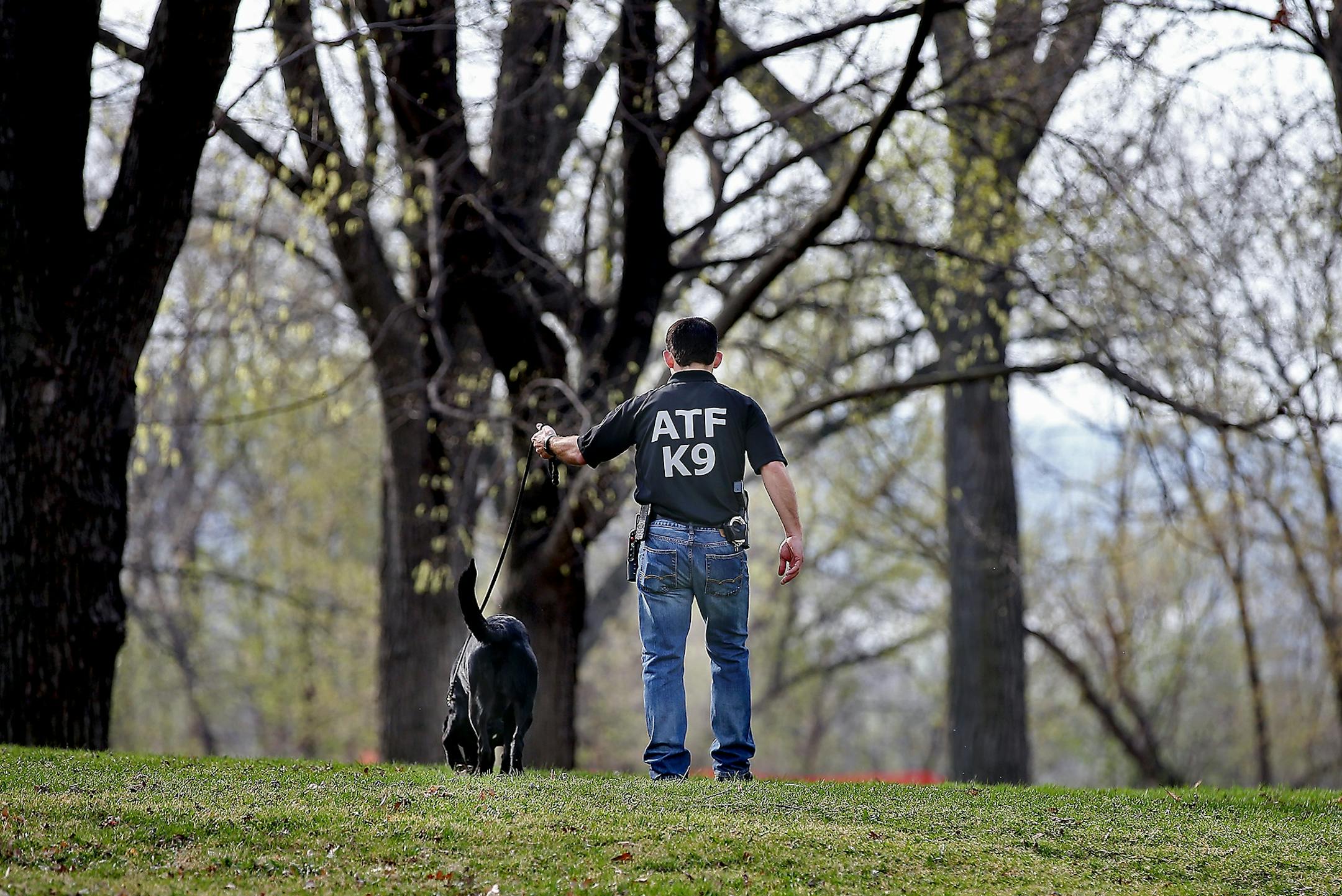 An ATF K9 unit searched the scene after a shooting at Mounds Park Sunday evening that left one man dead and possibly another person or more injured, Monday, April 18, 2016 in St. Paul, MN.