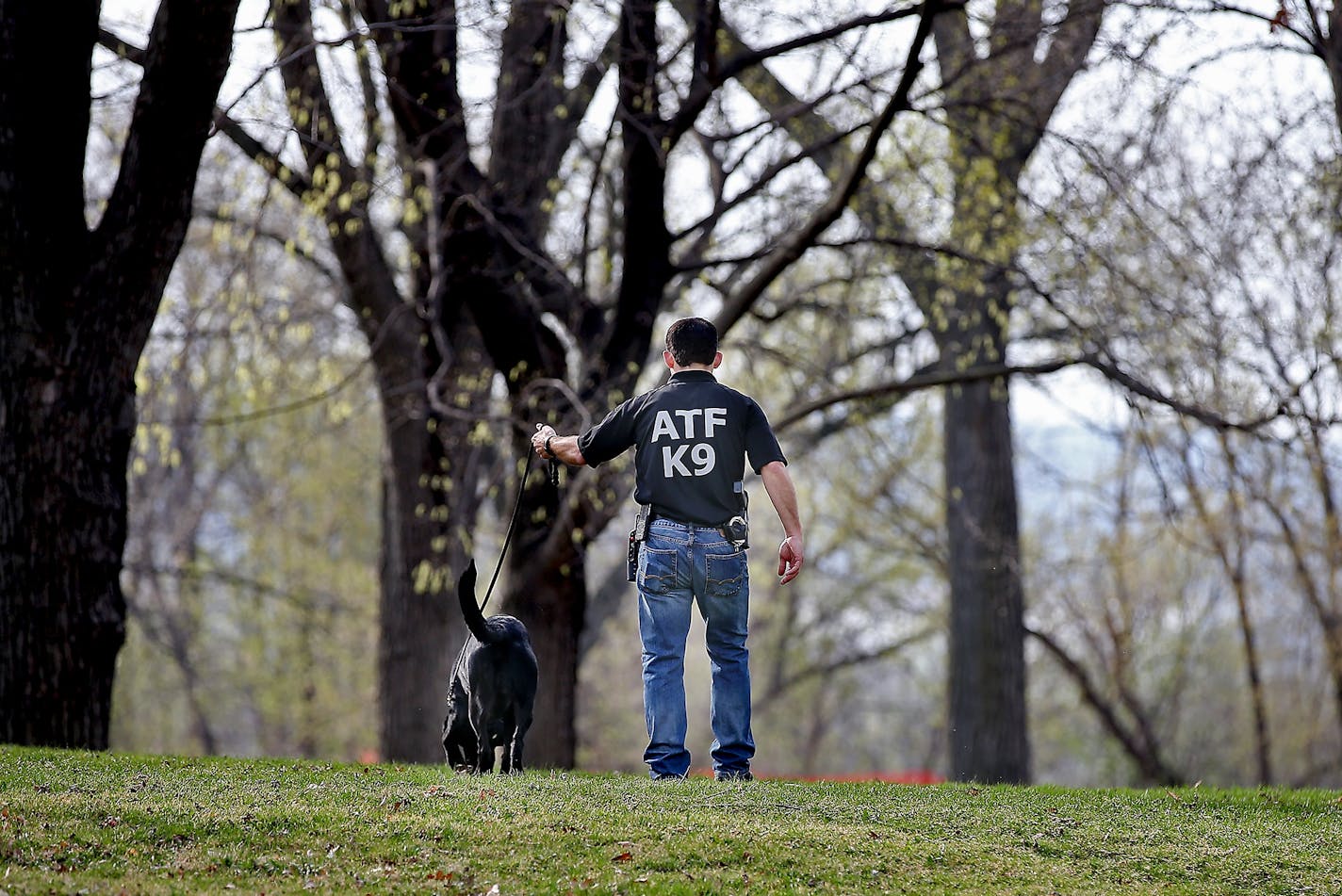 An ATF K9 unit searched the scene after a shooting at Mounds Park Sunday evening that left one man dead and possibly another person or more injured, Monday, April 18, 2016 in St. Paul, MN.