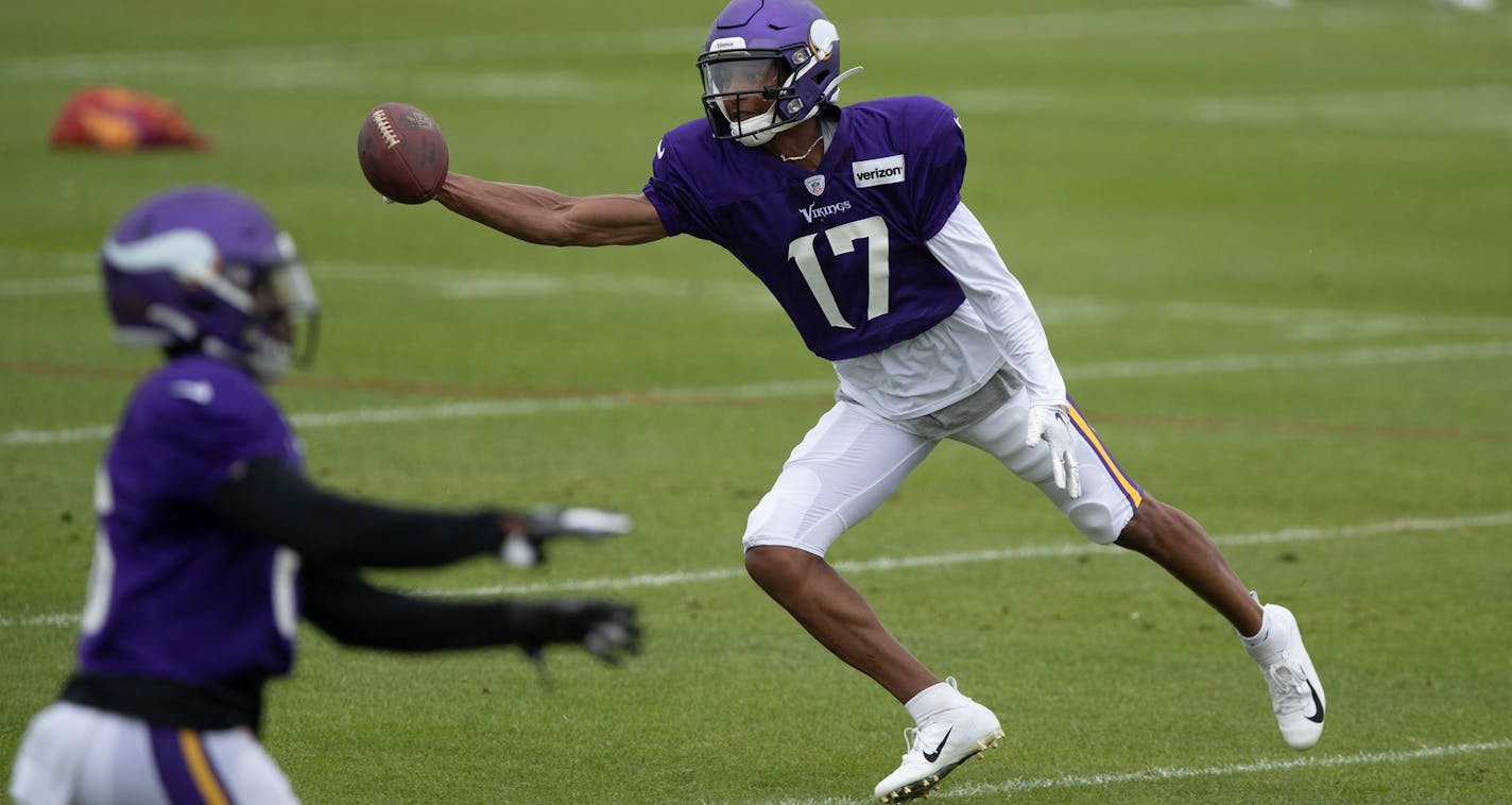 Dillon Mitchell (17) is a speedy option as the Vikings search for a capable No. 3 option at wide receiver at training camp.