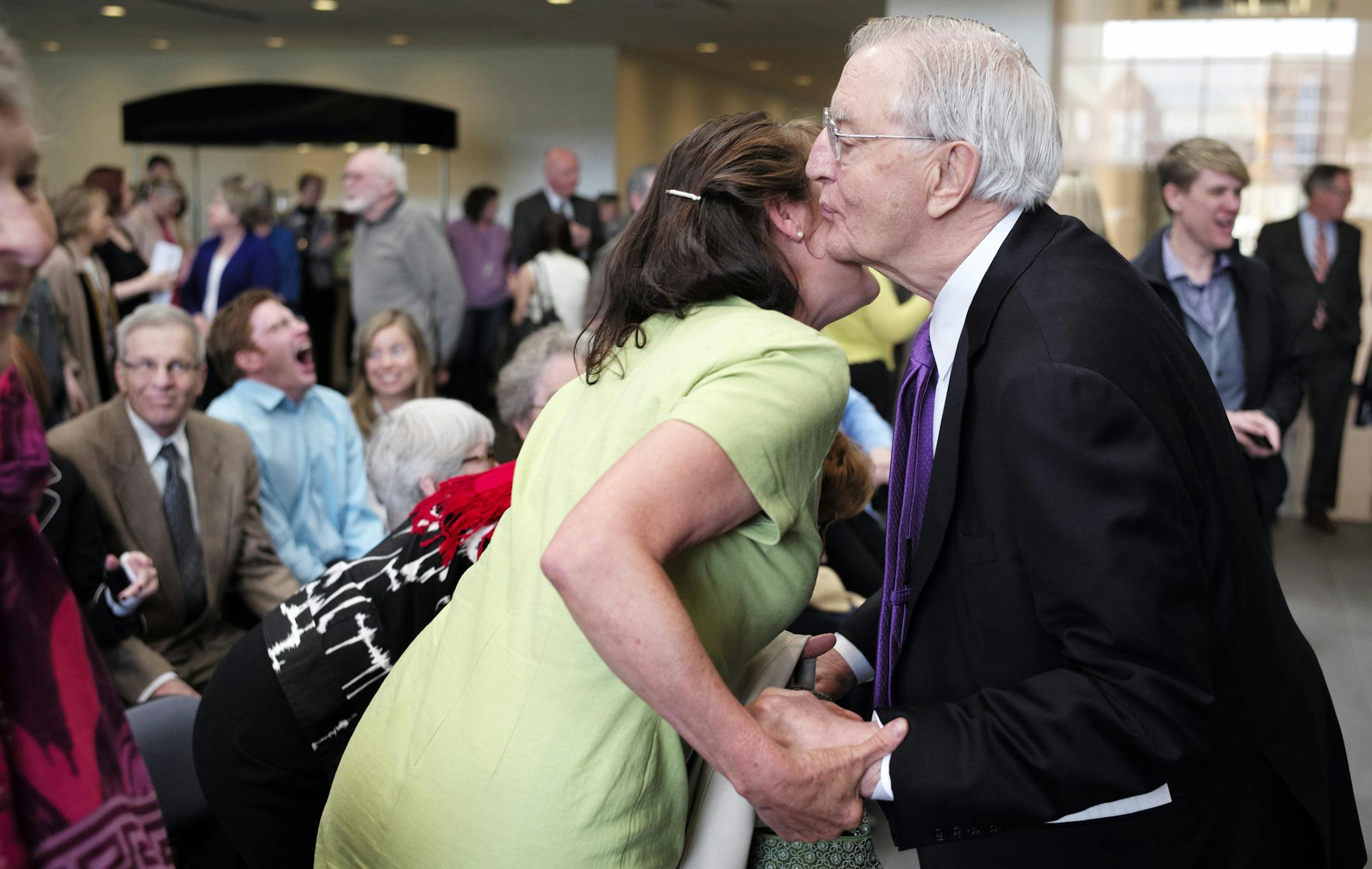 On May 5, 2014 at Macalaster College in St. Paul, Walter Mondale greeted Joan's friend Marie Denholm. He was in attendance at a ceremony naming the new Studio Art building the "Joan Adams Mondale Hall of Studio Art."]richard.tsong-taatarii/rtsong-taatarii@startribune.com