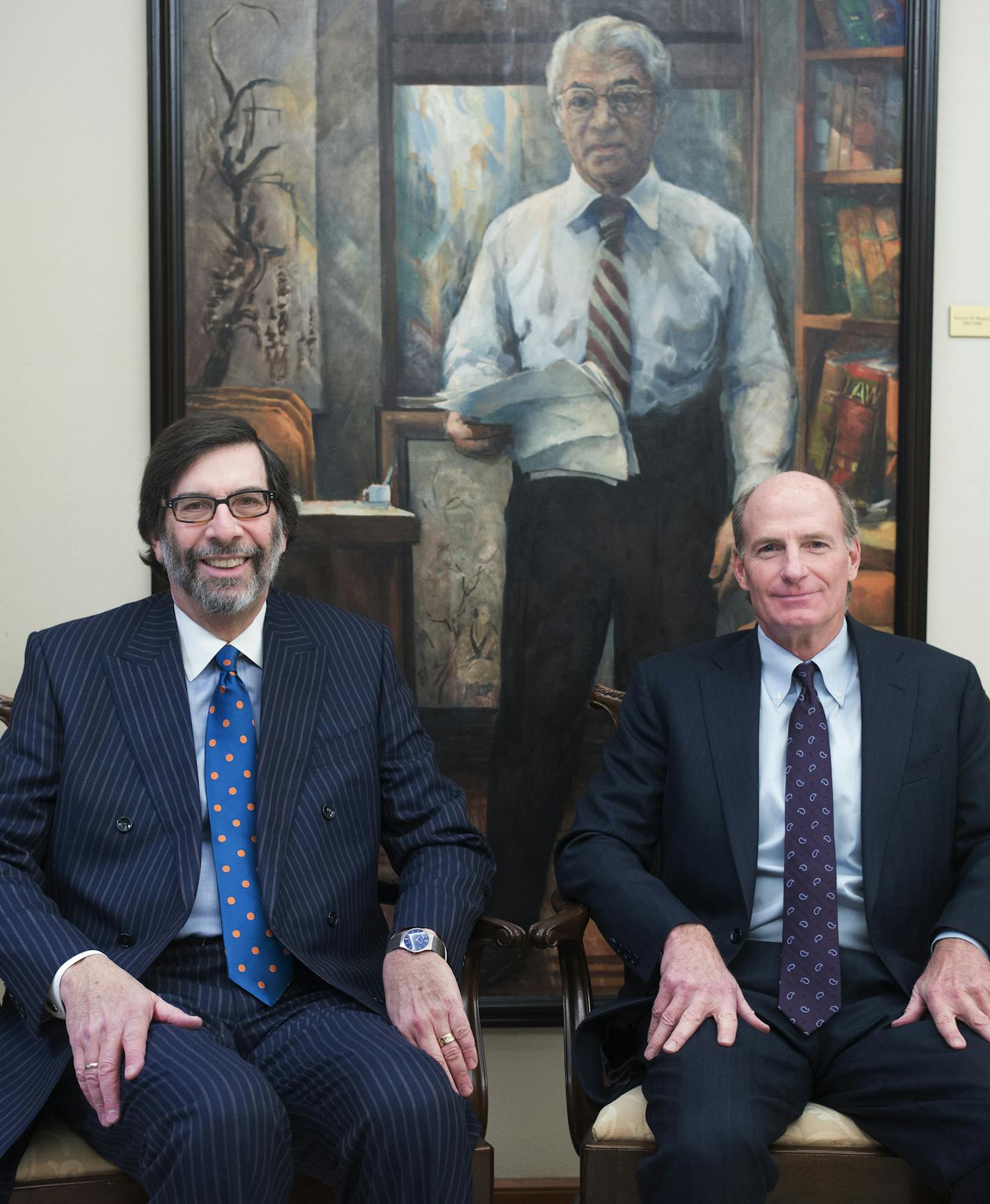 Cooper Ashley, right, and Bill Pentelovitch, two of the firm's senior partners at Maslon, a historically significant player in the Minneapolis legal community founded by lawyer giants ranging from Supreme Court law clerks to judges. Behind them is a portrait of Samuel Maslon, the founder of the firm. ] Richard Tsong-Taatarii/rtsong-taatarii@startribune.com ORG XMIT: MIN1412311528092987