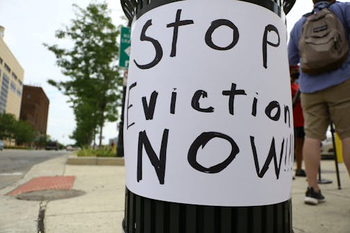 People rally outside of 36th District Court to join with Detroit Eviction Defense to protest evictions on Monday, Aug. 17, 2020. (Rodney Coleman-Robinson, Detroit Free Press/TNS) ORG XMIT: 4379234W