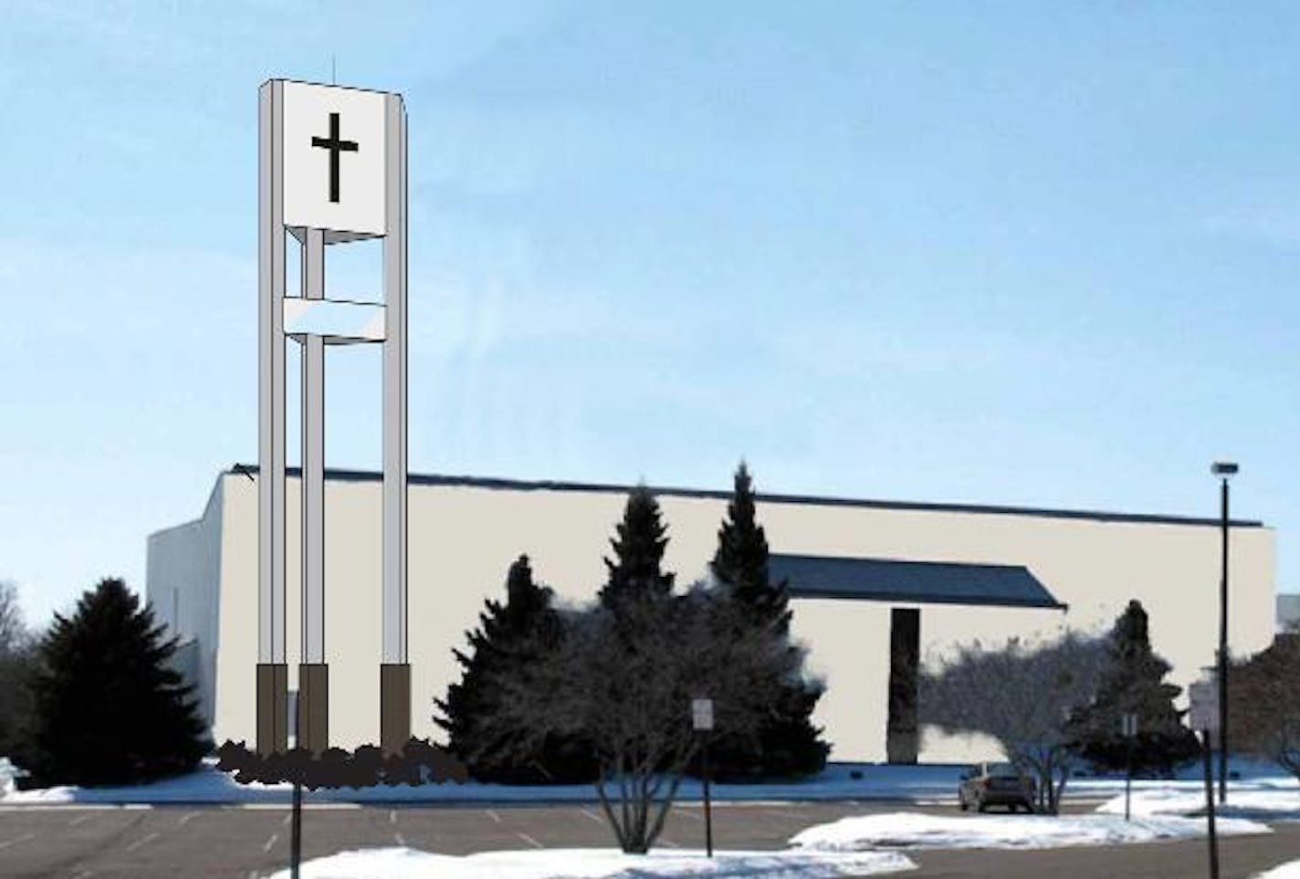 Rendering of cell tower/banner for Verizon Wireless that was recently built outside Church of the Risen Savior in Burnsville.