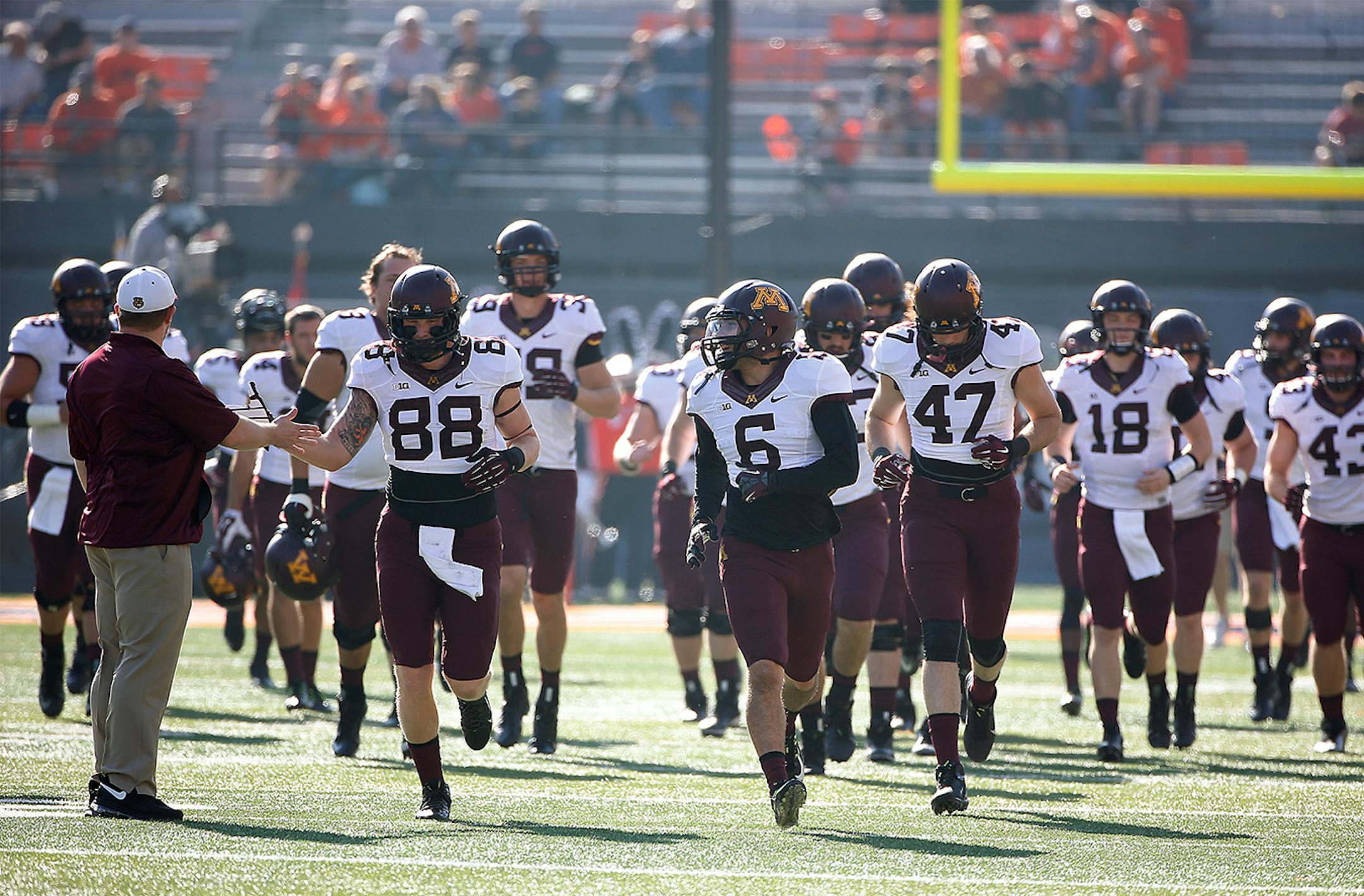 Gophers players made their way to the locker room before a game against Illinois on October 25, 2014 in Champaign, an eventual loss. After a bye week, the Gophers return to the field Saturday against Iowa, the first of four pivotal games to finish the regular season.