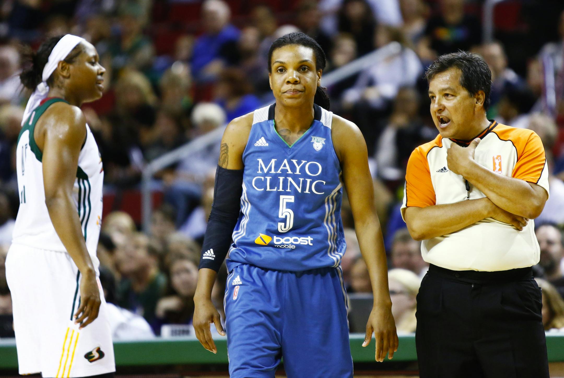 Lynx guard Tan White (5) returned to the court after arguing with a referee after she was called for a foul on Seattle's Alysha Clark during the Storm's victory on Friday night in Seattle. The teams meet again Sunday at Target Center.