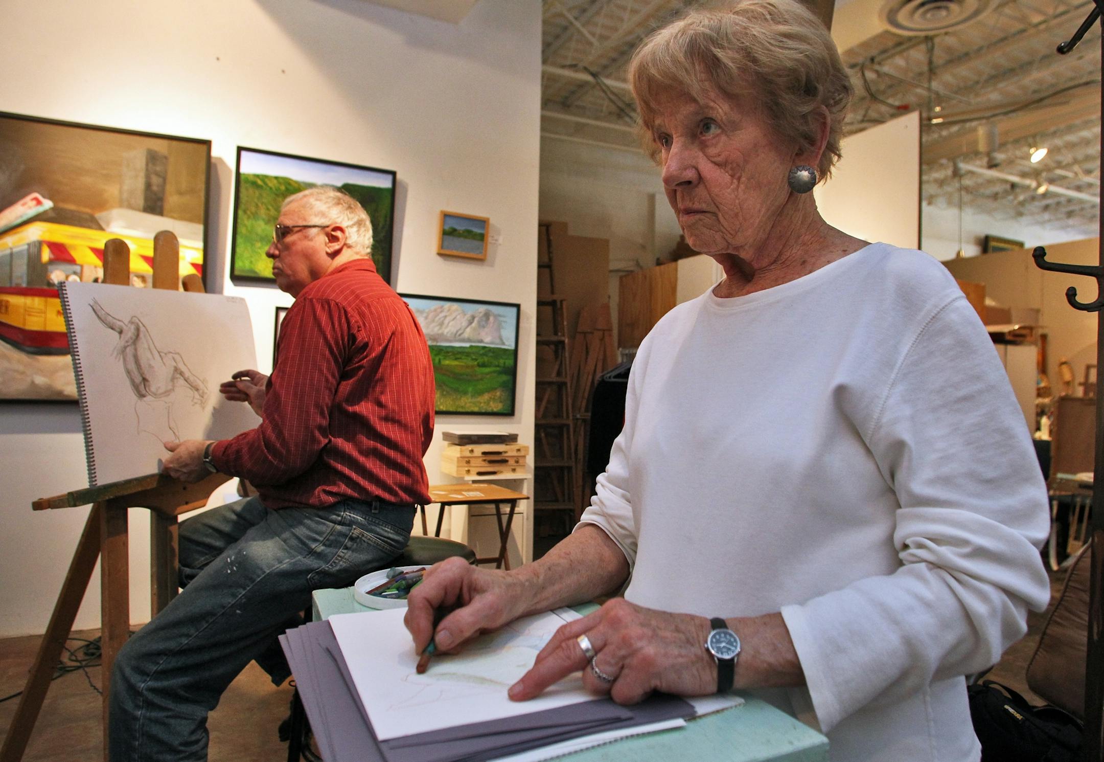 Life drawing class at Florence Hill's Art Studio in northeast Minneapolis. Artist John Connett, Roseville, left and studio owner Florence Hill. (MARLIN LEVISON/STARTRIBUNE(mlevison@startribune.com