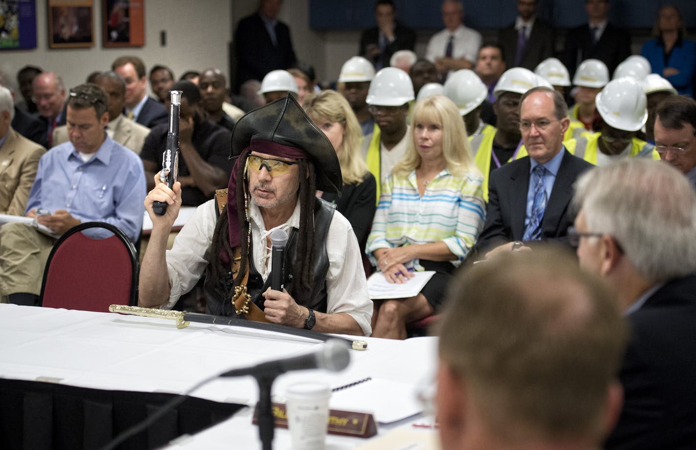 Minneapolis mayoral candidate Captain Jack Sparrow wanted to do away with the stadium and holding up a toy gun promised to "tax the rich." Friday, August 23, 2013 ] GLEN STUBBE * gstubbe@startribune.com Warren is Vikings V.P. of