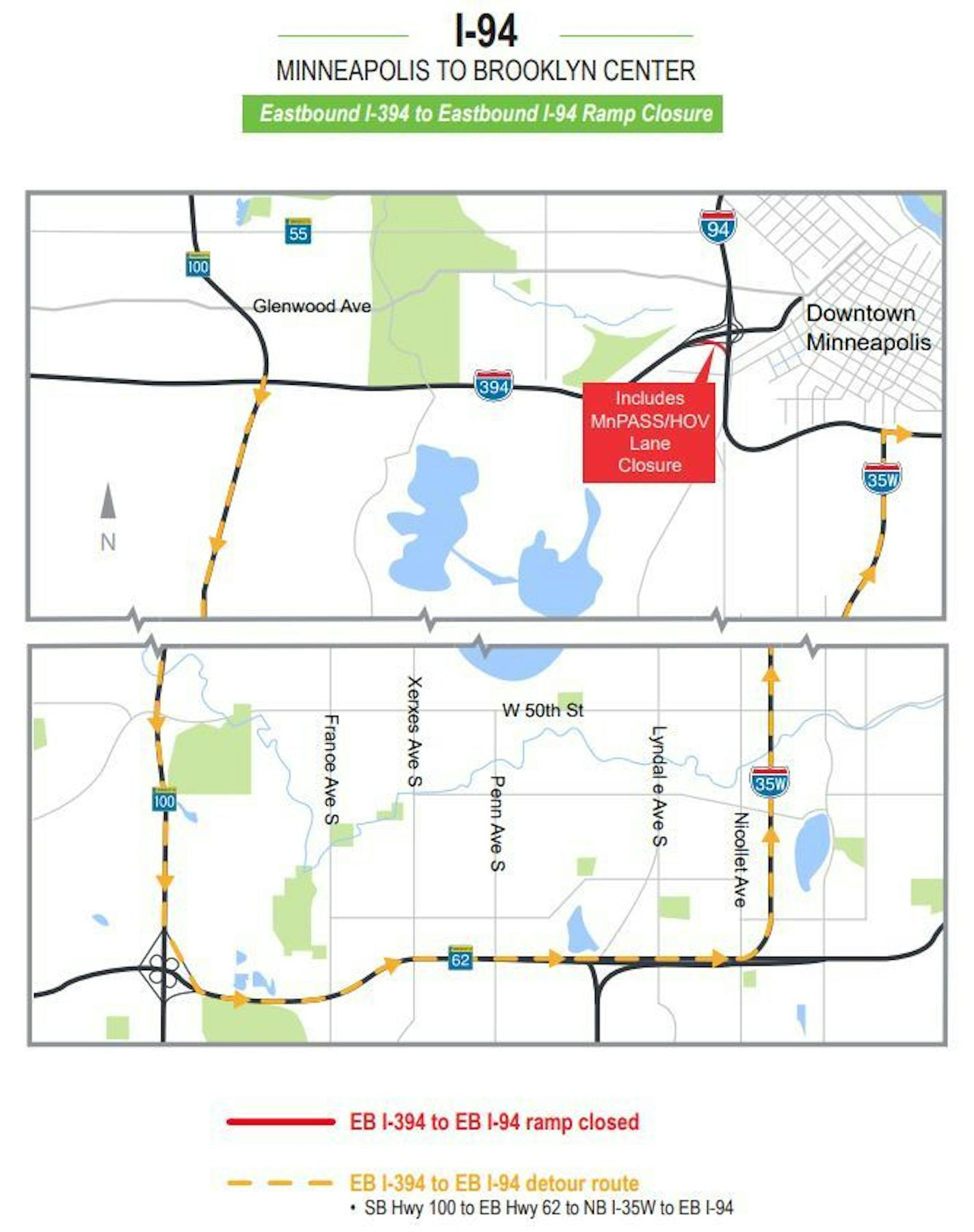 A MnDOT map shows the 15-mile detour for the closure of the I-394 east ramp to I-94 east.