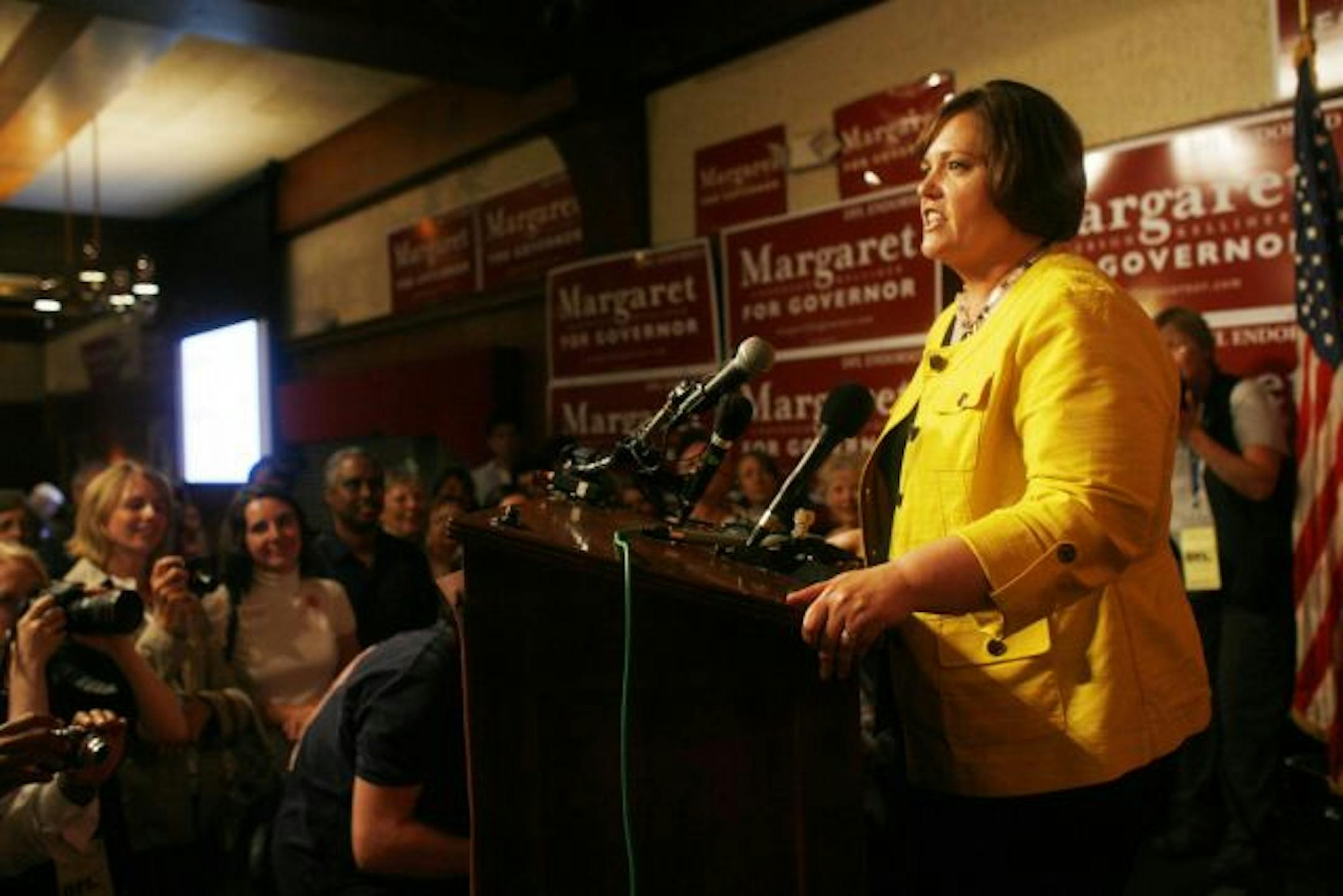 Margaret Anderson Kelliher, shown early Wednesday at Jax Cafe, won precincts with an average or lower number of elderly voters. But there are more precincts where senior citizens are a high number of the voters, and Mark Dayton did well in them.
