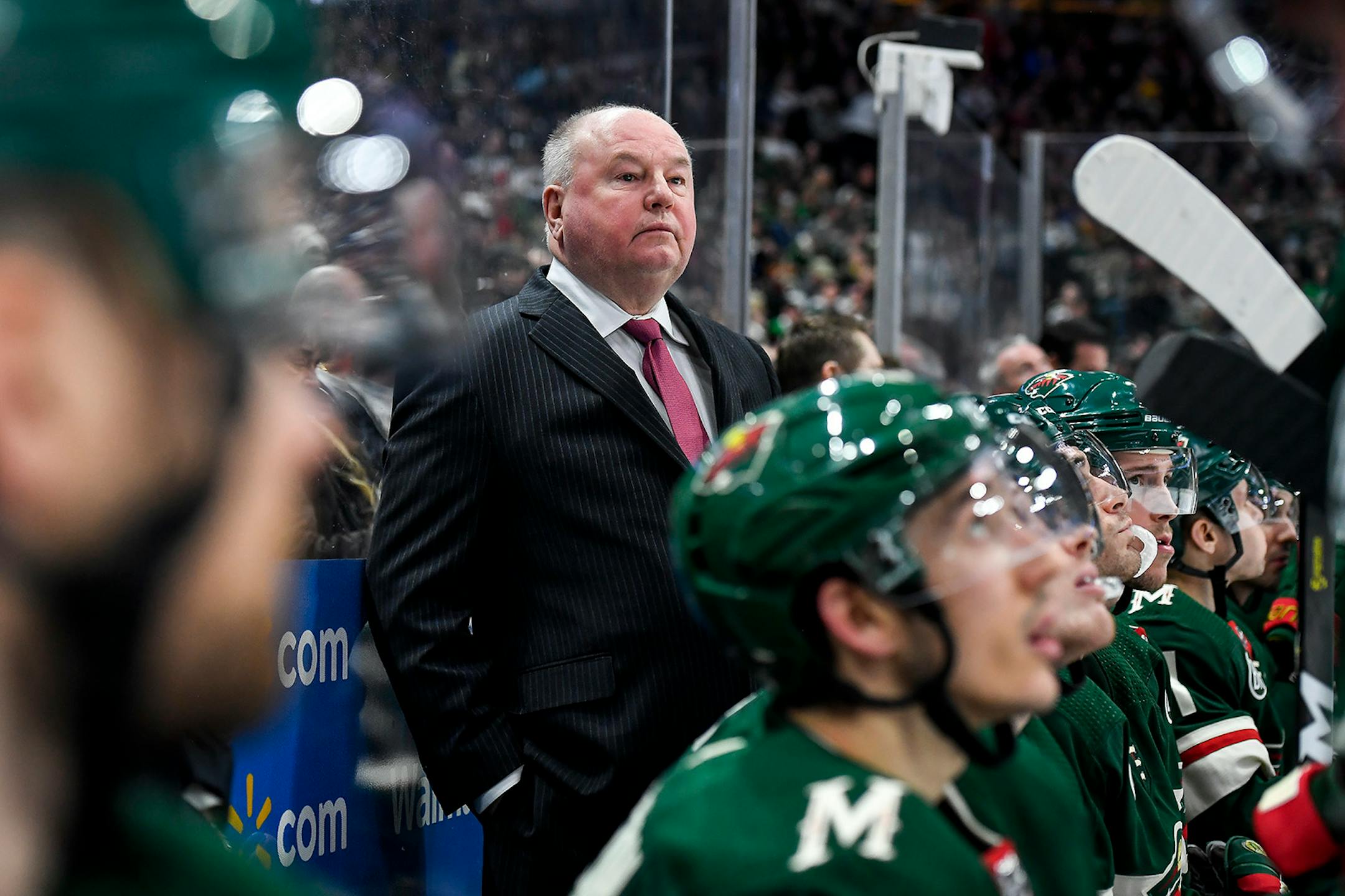 Wild head coach Bruce Boudreau looks on in the second period against the Los Angeles Kings at Xcel Energy Center in St. Paul