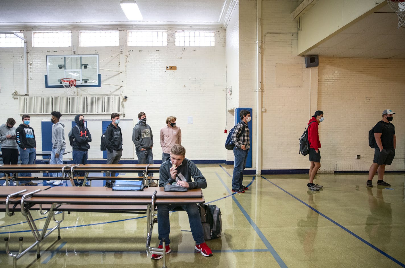 Carlton High School students stood in line for lunch in the cafeteria on Tuesday, Sept. 8, 2020.