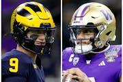 Michigan’s J.J. McCarthy, left, and Washington’s Michael Penix Jr. led their teams to the national championship game, and either could be a good f