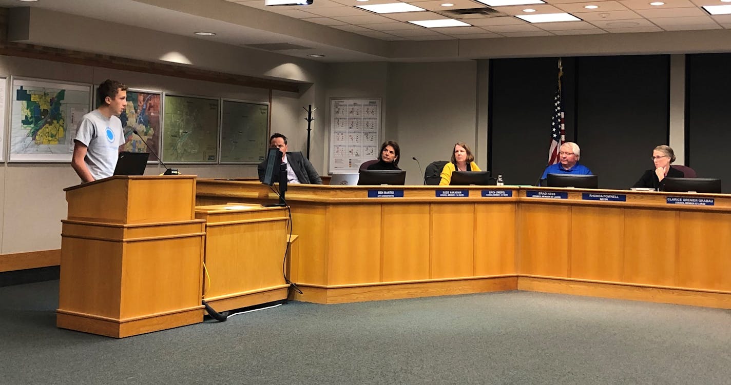 In this pre-pandemic photo, Ryan Malecha, who served on the Mayor's Youth Council from 2018 to 2021, gives an update to the Northfield City Council. Members of the Northfield Youth on Boards program were working at the time to engage students in the city's Diversity, Equity and Inclusion initiatives.