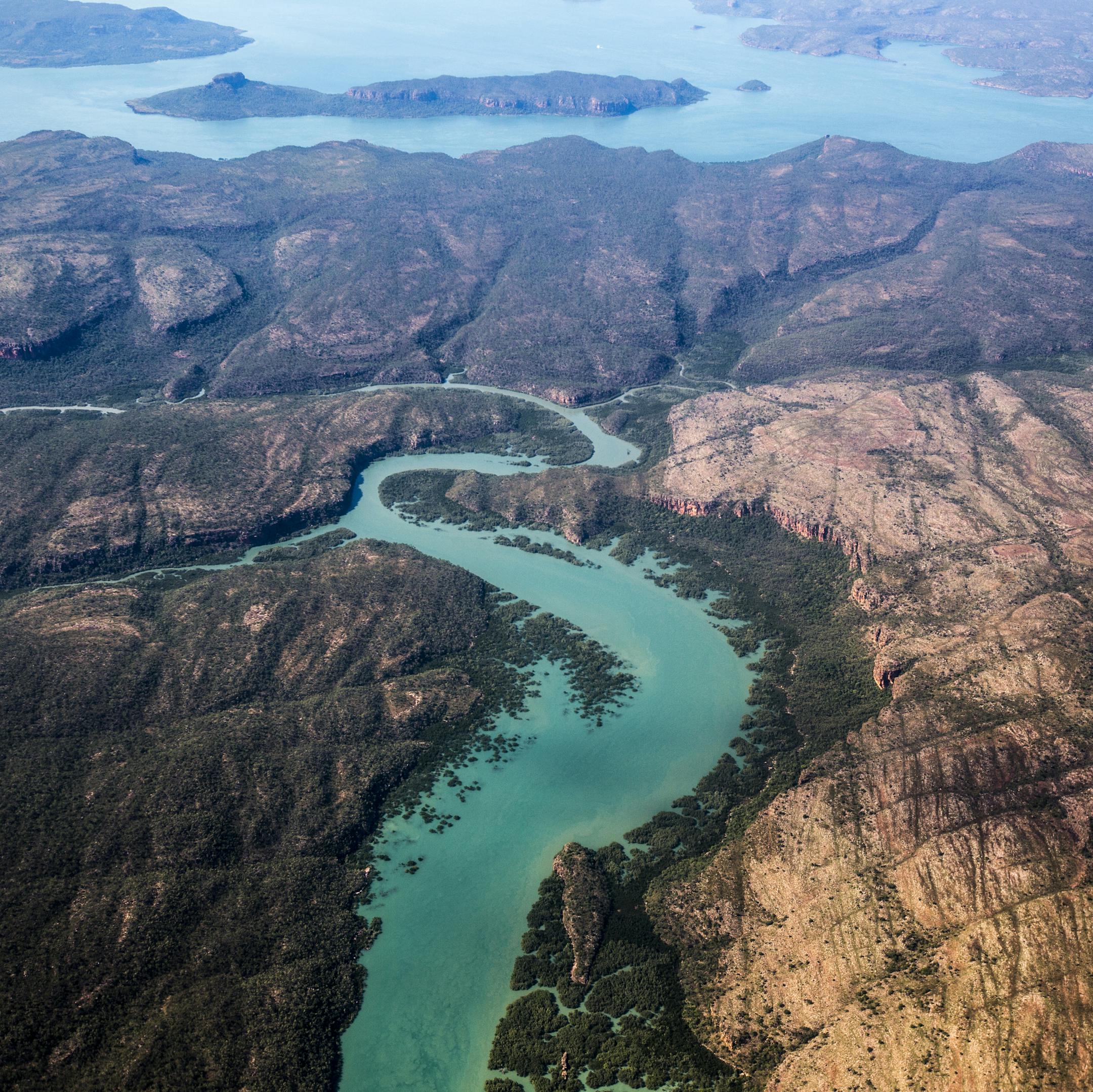 Aerial of coastal waters on route to Pearl Farms near Broome, Western Australia. credit: Northern PIctures