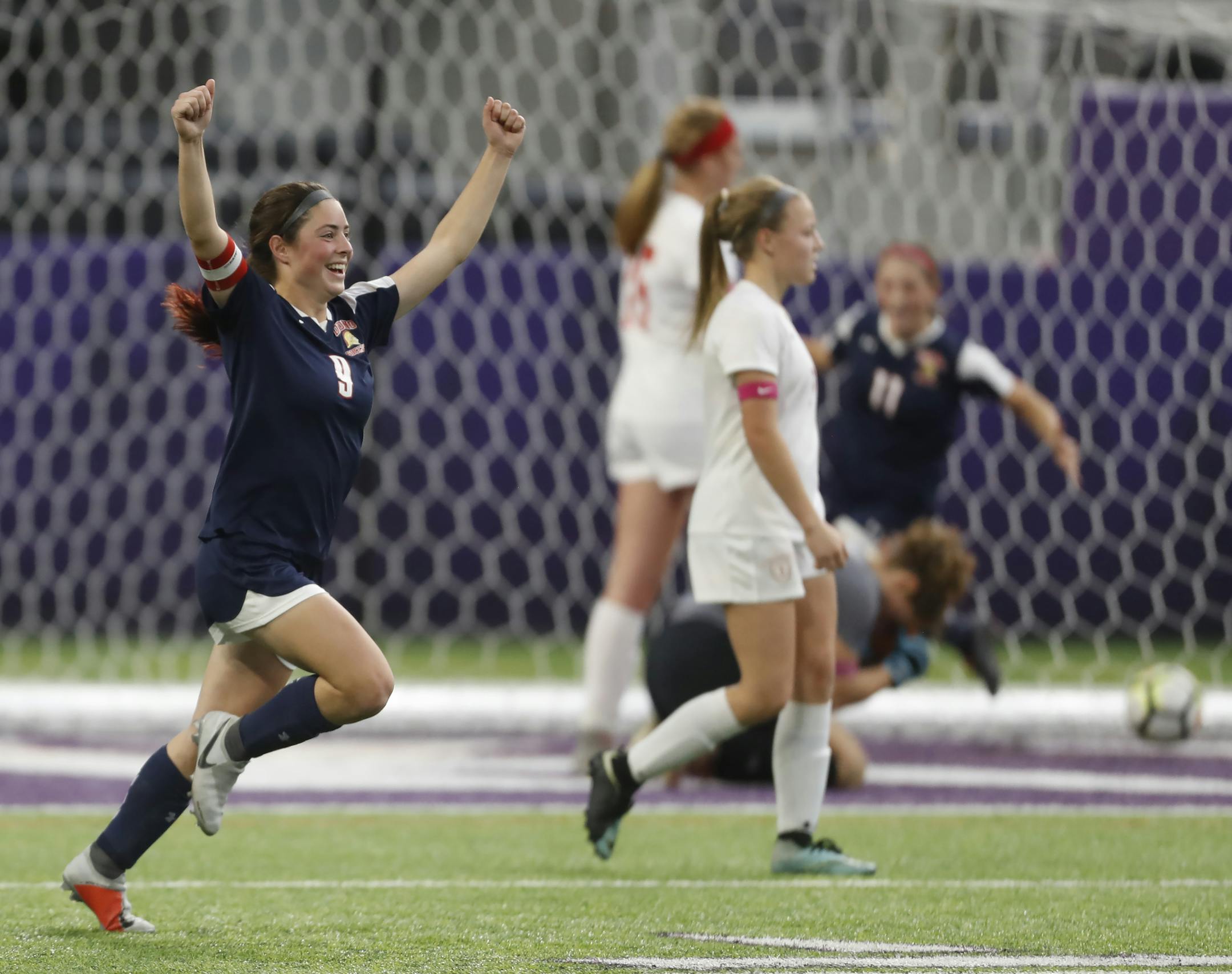 Sarah Johnson(9) of Orono celebrates the winning goal.] Class 1A girls
Benilde-St. Margaret's vs. Orono, 2 p.m.
Richard.Tsong-Taatarii@startribune.com.