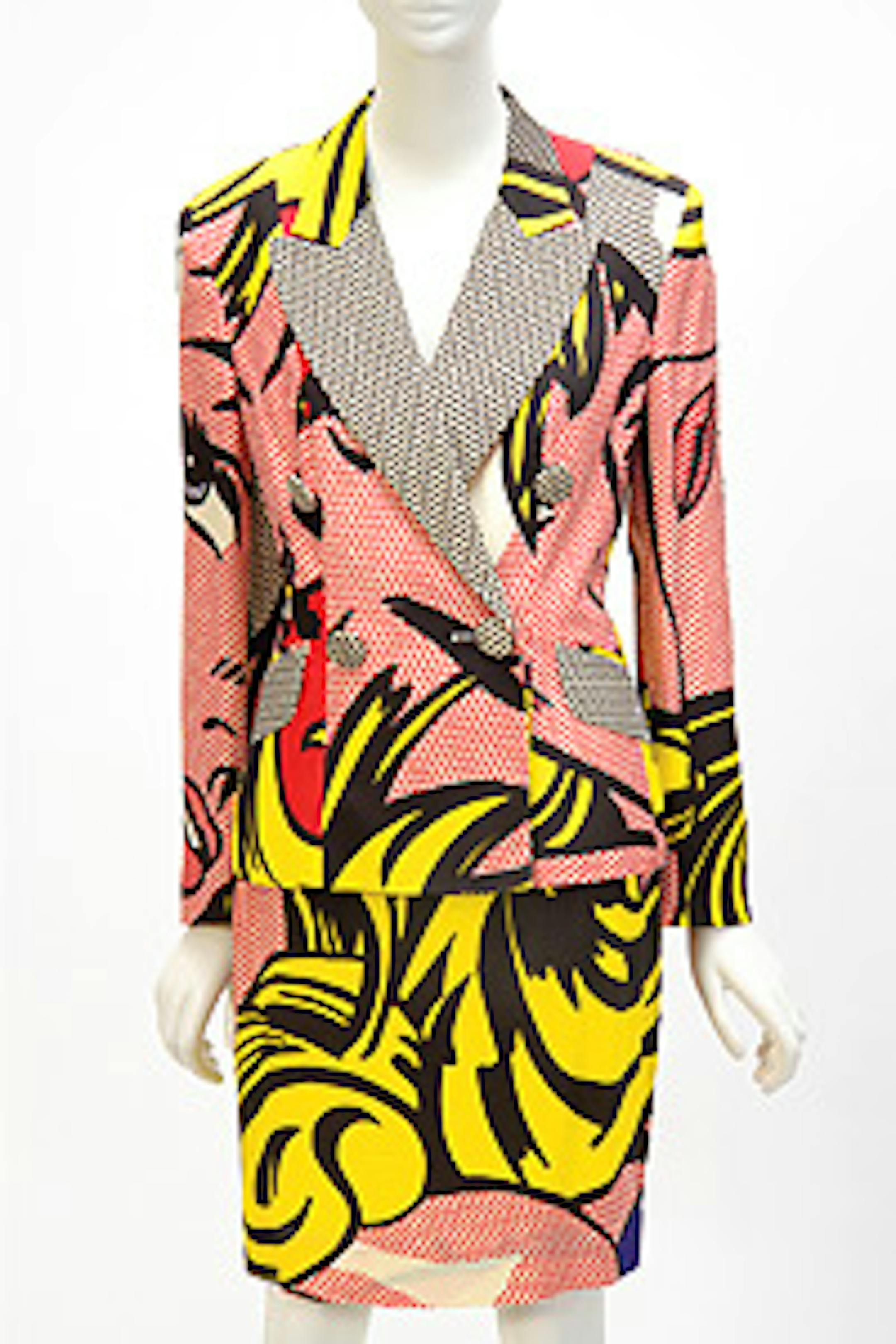 Moschino suit covered in the pop-art cartoons of Roy Lichtenstein.