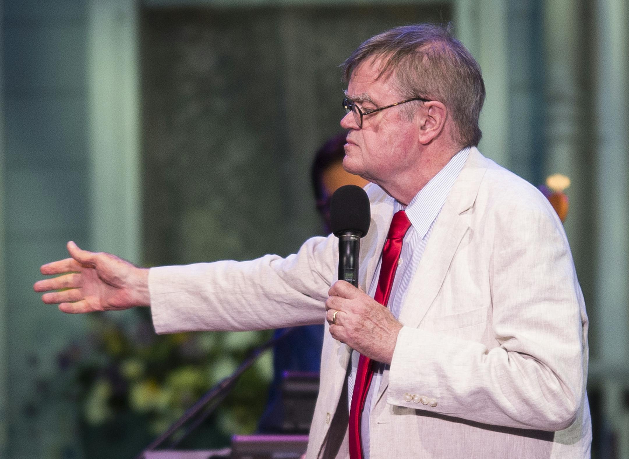 Garrison Keillor delivered the opening monologue of Friday night's show at the Grandstand. ] Aaron Lavinsky • aaron.lavinsky@startribune.com A Prairie Home Companion with Garrison Keillor and performed Friday, Sept. 4, 2015 at the Minnesota State Fair's Grand Stand.