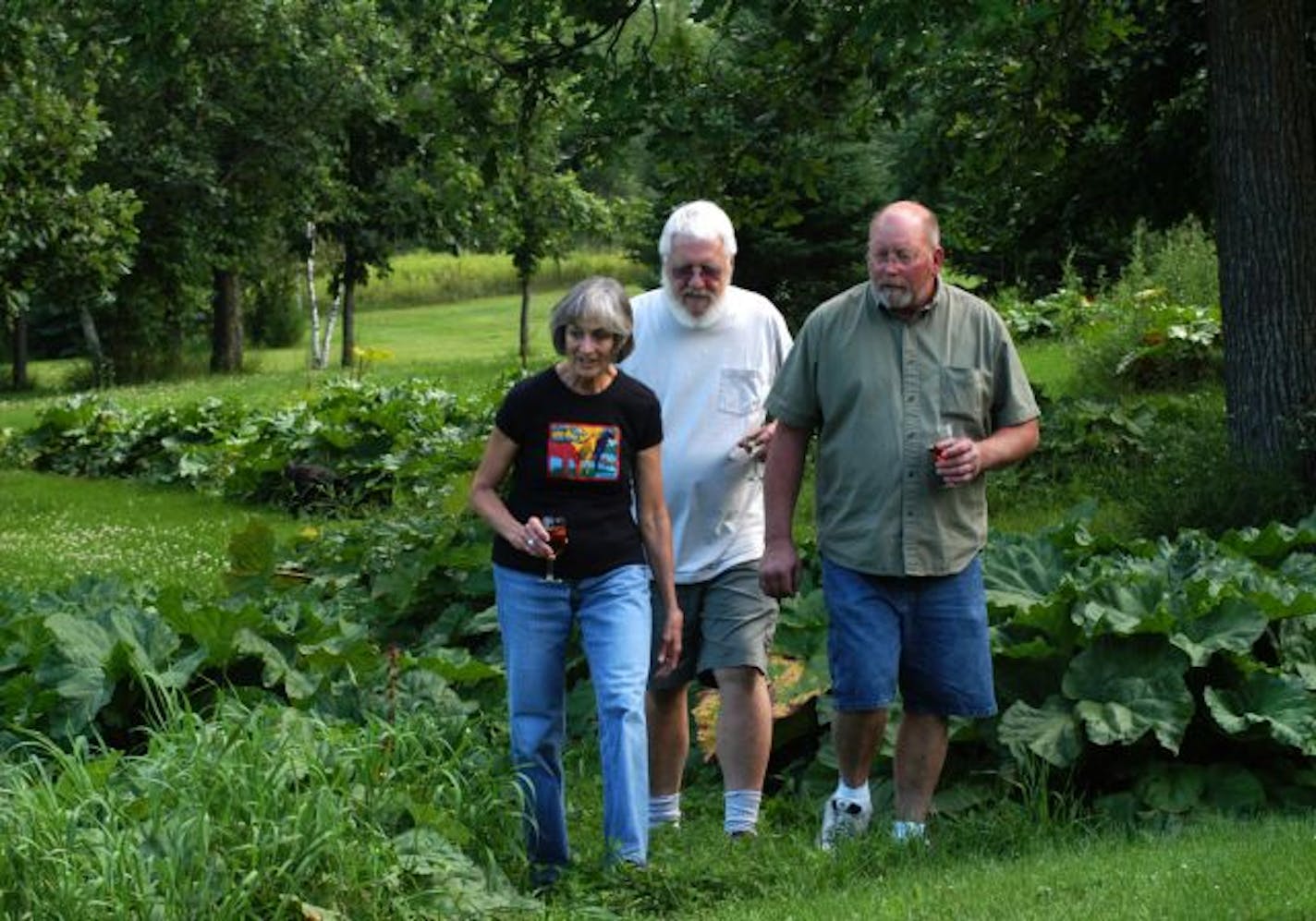 Sharon Shuster, left, Paul Shuster, and John Wildmo, walk through the rhubarb patches at Forestedge Winery.