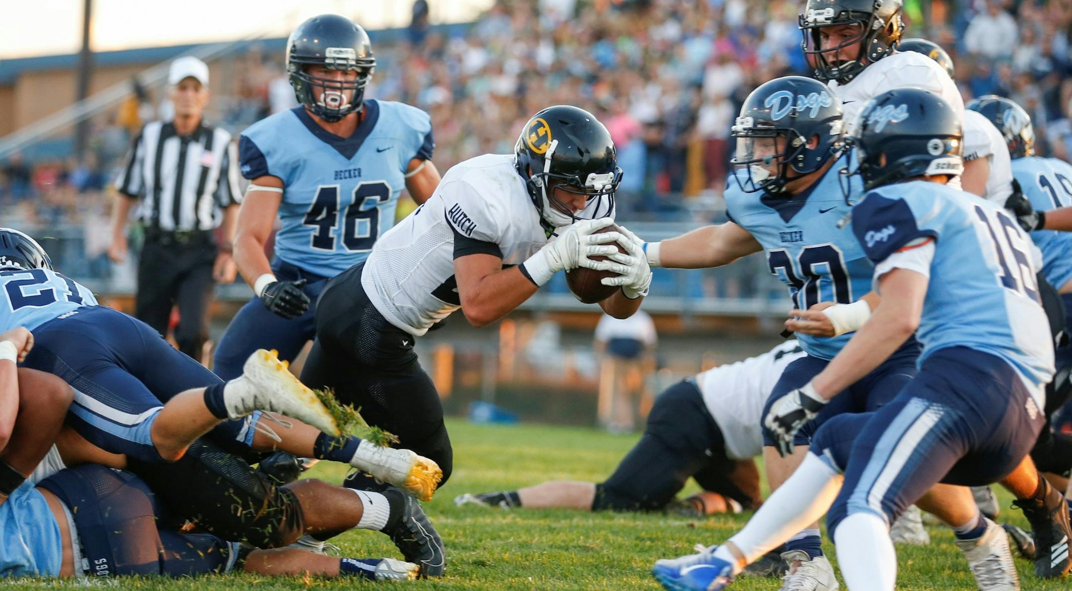 Hutchinson's Tyler Schiller is stopped just short of the goal line early in the second quarter against Becker Friday night. The Tigers led the Bulldogs 8-6 at halftime. Photo by Jeff Lawler, SportsEngine