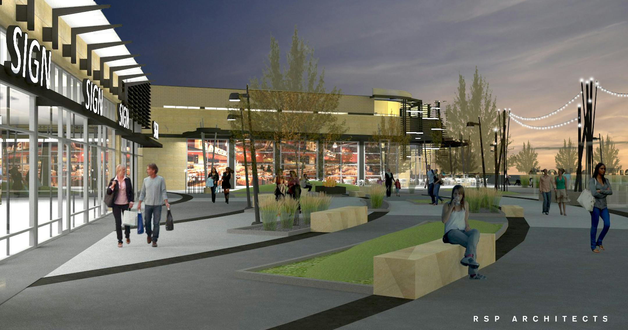 RSP Architects's rendering of the plaza at dusk