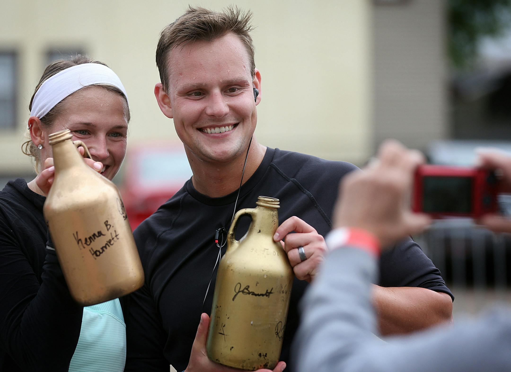 Joseph and Kenna Brandt, St. Louis Park, were each given a growler of beer for finishing first in their divisions.