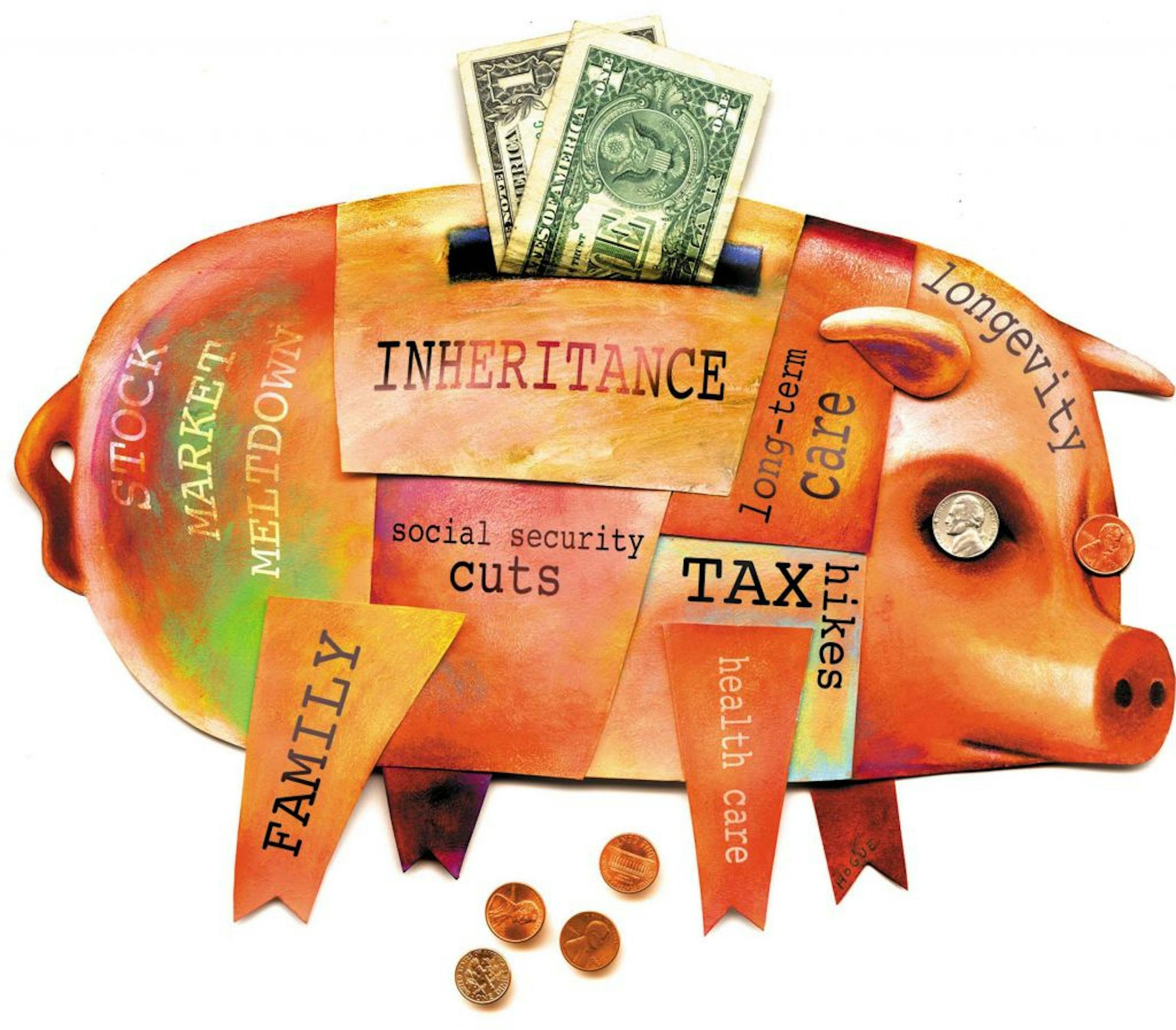 300 dpi 4 col x 6.75 in / 196x171 mm / 667x583 pixels Michael Hogue color illustration of a piggy bank covered with a patchwork of words - "Inheritance, Family, Tax Hikes," etc. The Dallas Morning News 2003 With PFP-INHERITANCE-BIZPLUS:DA, The Dallas Morning News by Pamela Yip <p> KEYWORDS: krtbusiness business krtnational national krtworld world krtintlbusiness krtnamer north america krtpersonalfinance personal finance krtusbusiness u.s. us united states ahorros banco bank cerdo coddington dine