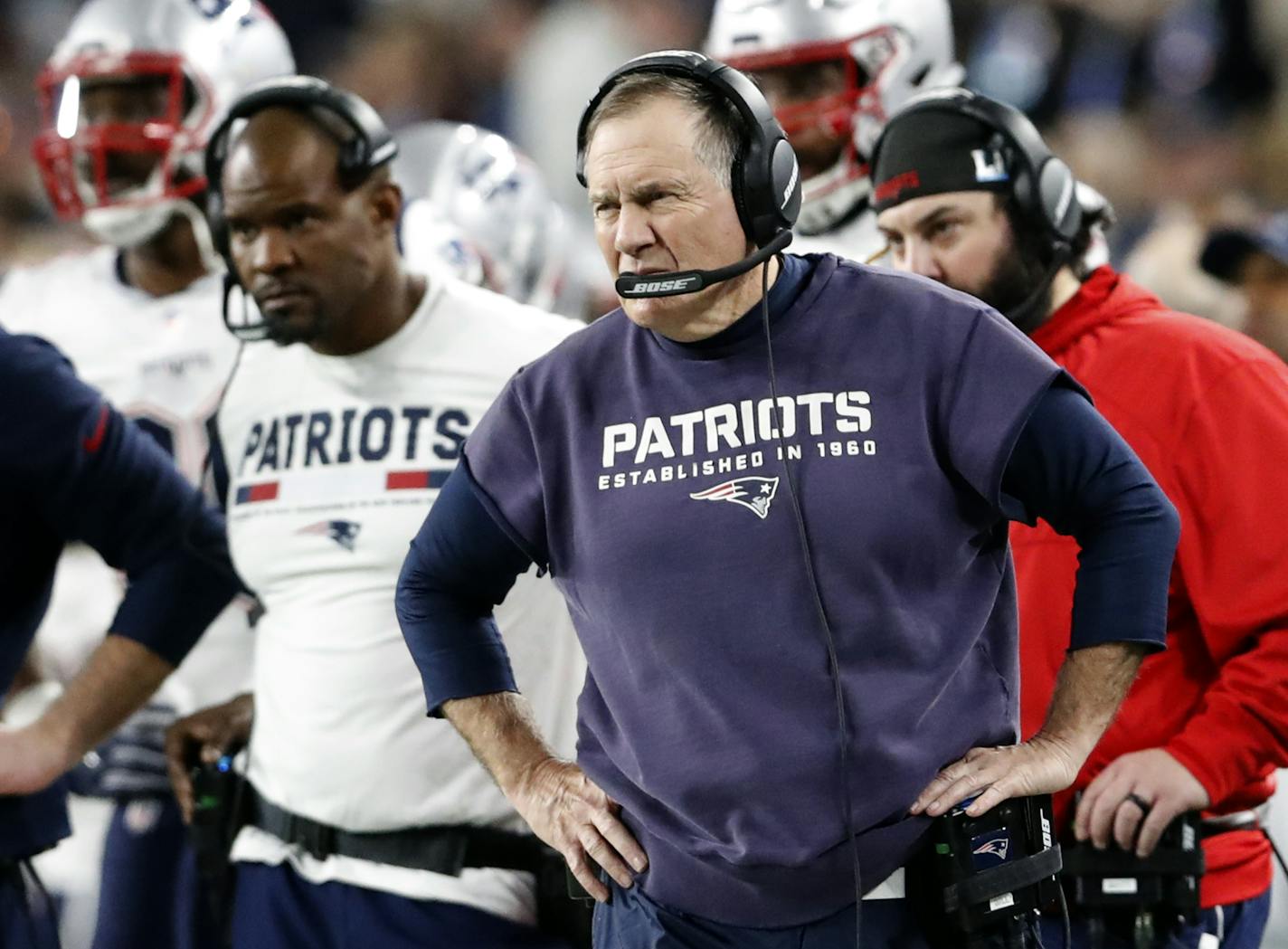 New England Patriots coach Bill Belichick stared out onto the field after a key strip sack of quarterback Tom Brady late in the fourth quarter of Super Bowl LII. ] Carlos Gonzalez &#xd4; Carlos. Gonzalez@startribune.com The New England Patriots met the Philadelphia Eagles in Super Bowl LII Sunday evening, February 4, 2017 at U.S. Bank Stadium in Minneapolis.