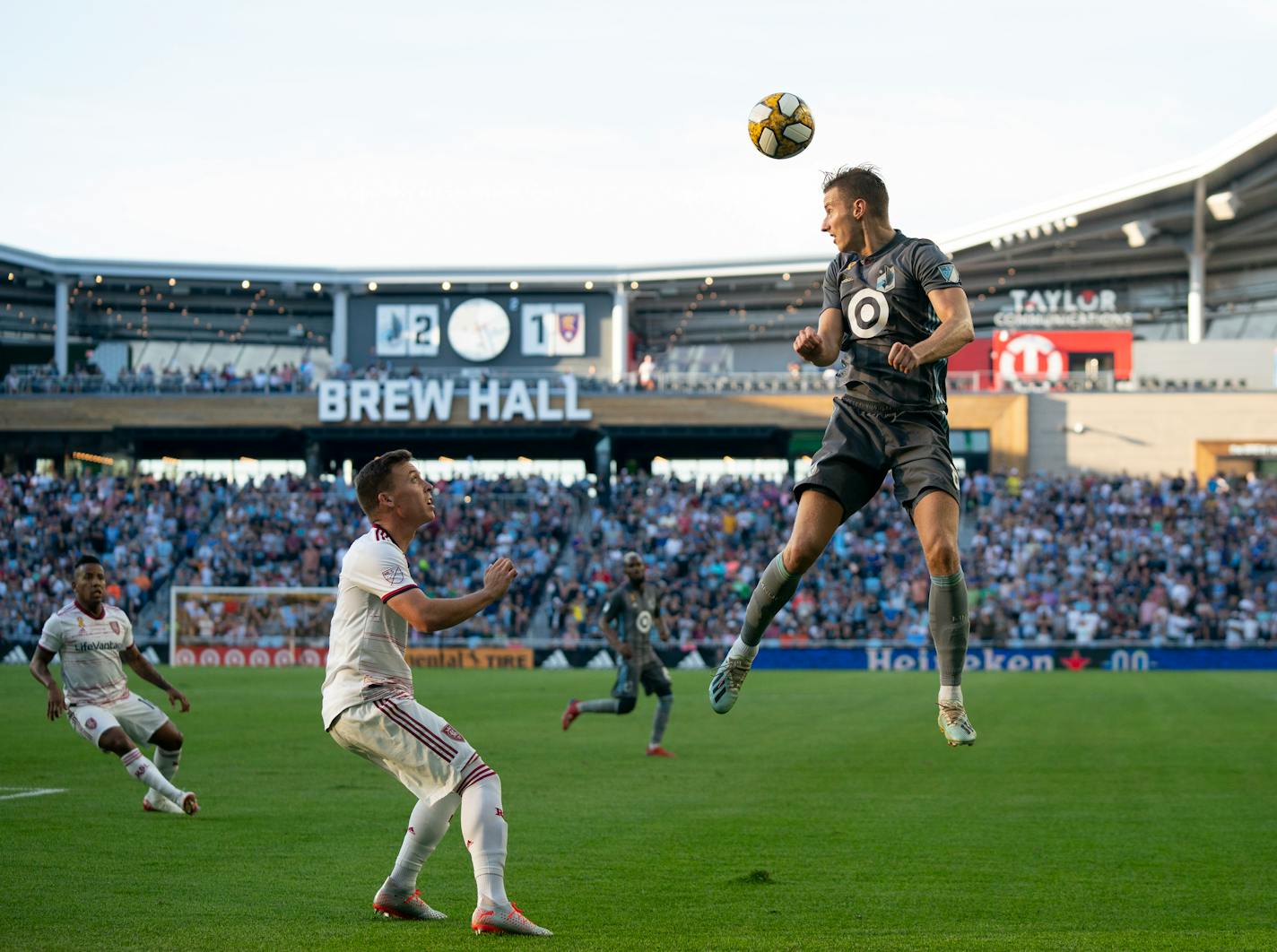 Loons midfielder Jan Gregus headed the ball towards a teammate over Real Salt Lake