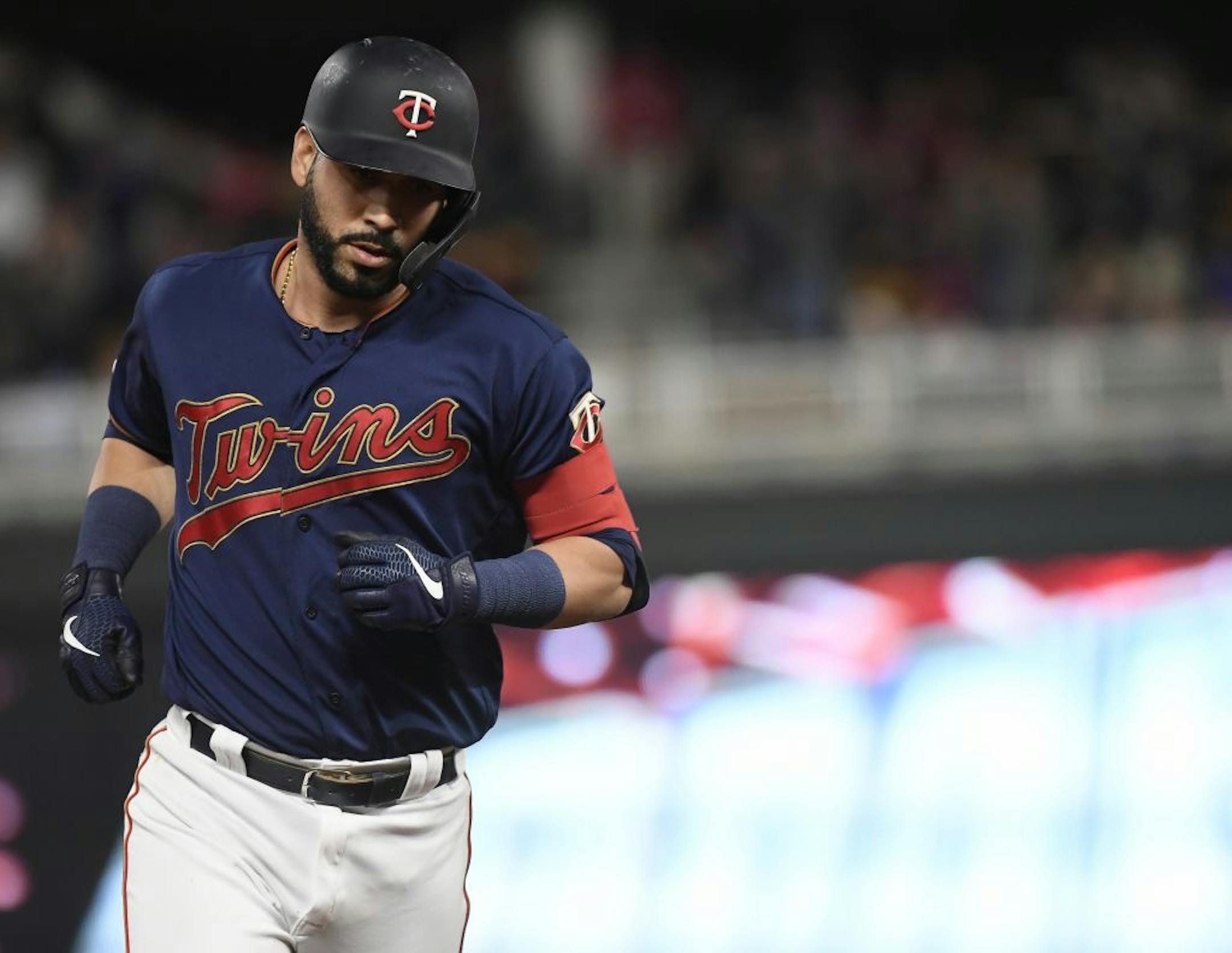Minnesota Twins third baseman Marwin Gonzalez (9) rounded the bases after hitting a solo home run in the bottom of the sixth inning against the Detroit Tigers.