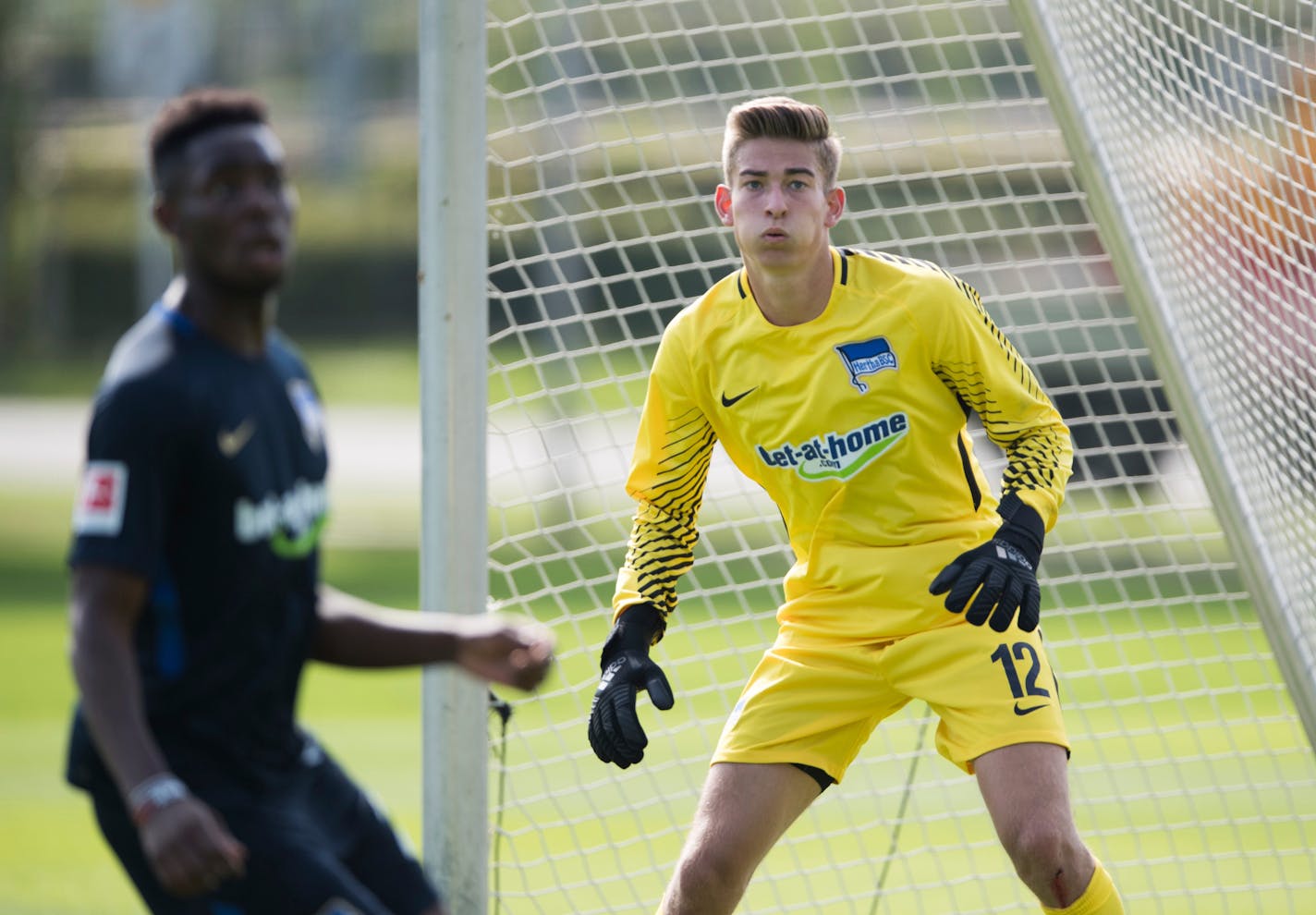 FILE - In this July 3, 2017 photo goalkeeper Jonathan Klinsmann stands between the posts at a training session in Berlin, Germany. Hertha Berlin signed Jonathan Klinsmann, the son of former United States coach and Germany striker Juergen Klinsmann, on Tuesday after he impressed during his trial with the Bundesliga club. (Soeren Stache/dpa via AP)