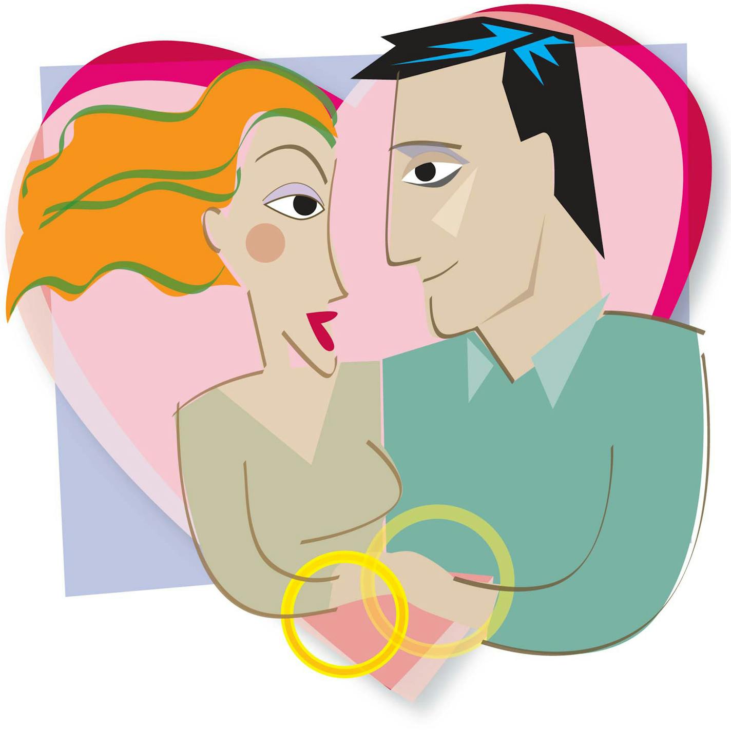 300 dpi Camille Weber color illustration of heart-shaped couple embracing each other and connecting with rings. Lexington Herald-Leader 2007<p> marriage love wedding ring rings heart engagement couple 14000000, krtnational national, krtsocial social issue, krtworld world, SOI, 14006003, FEA, krtfamily family, krtfeatures features, krtrelationship relationship, krtsocialissue social issue, lx contributed, 2007, krt2007, krt, mctillustration, illustration lx contributor coddington weber mct mctill