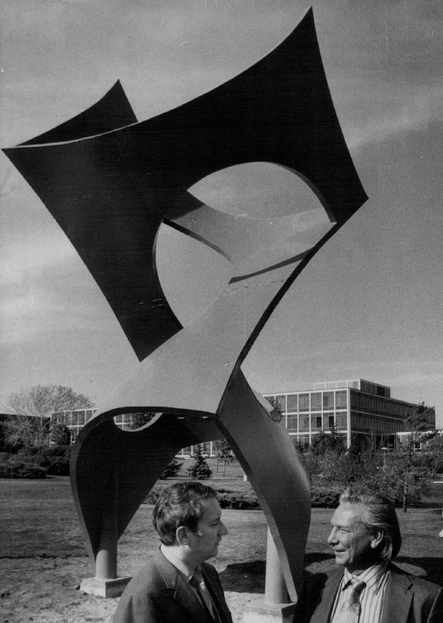 October 11, 1971 Sculpture unveiled Leonard Nadasdy, left, curator of the art collection for General Mills, talked with/sculptor Charles "Chuck" Huntington as his sculpture was presented. The unnamed work, commissioned by the firm, stands on General Mills&#x2019; front lawn by Wayzata Blvd. It is 20 feet high. Credit: Powell Krueger, Minneapolis Star Tribune