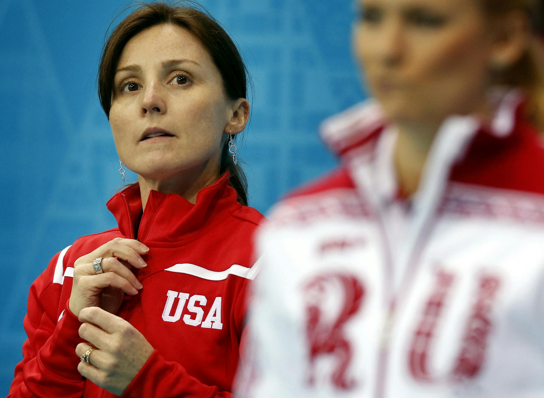 Allison Pottinger during the warm up session before Wednesday's draw vs. China. Pottinger, of Eden Prairie is the alternate for the USA women&#x201a;&#xc4;&#xf4;s curling team. ] CARLOS GONZALEZ cgonzalez@startribune.com - February 12, 2013, Sochi, Russia, Sochi 2014 Winter Olympics, Women's Curling, The Ice Cube Curling Center,