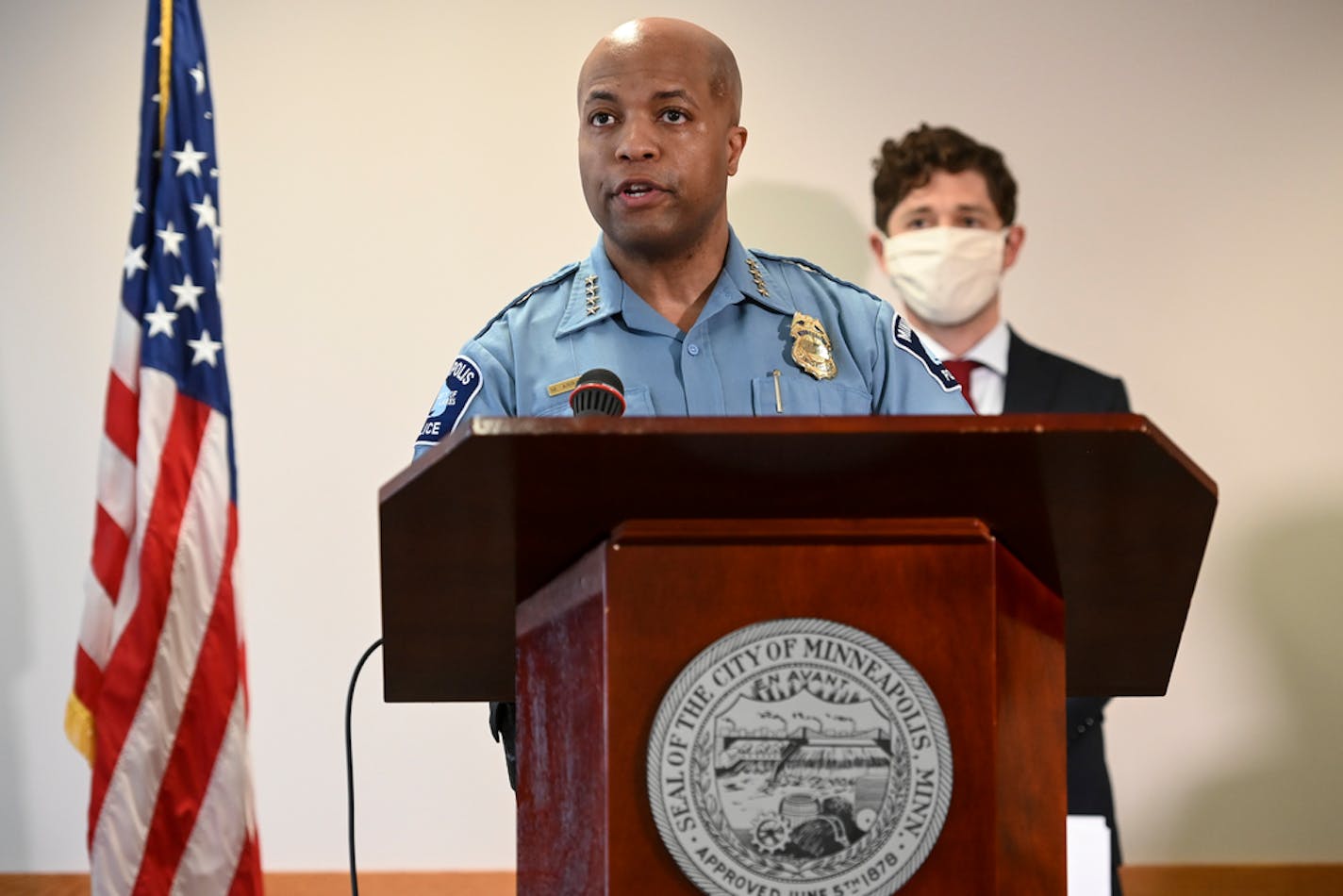 Minneapolis Police Chief Medaria Arradondo, with Mayor Jacob Frey, spoke Thursday about reforming the arbitration process for police officers terminated due to misconduct.