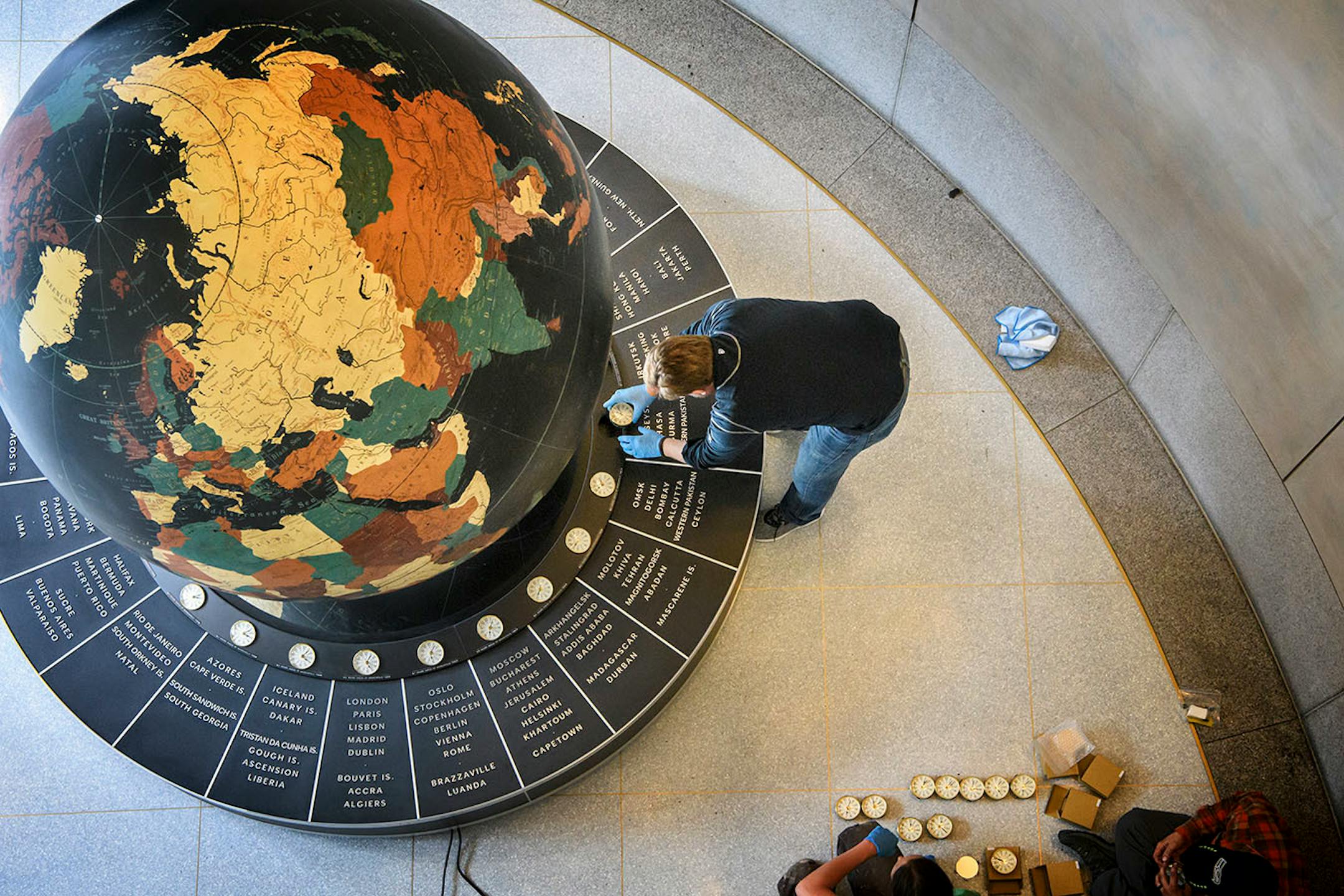 Tim Quady owner of Blue Rhino Studio in Eagan placed the 24-hour clocks around the globe.