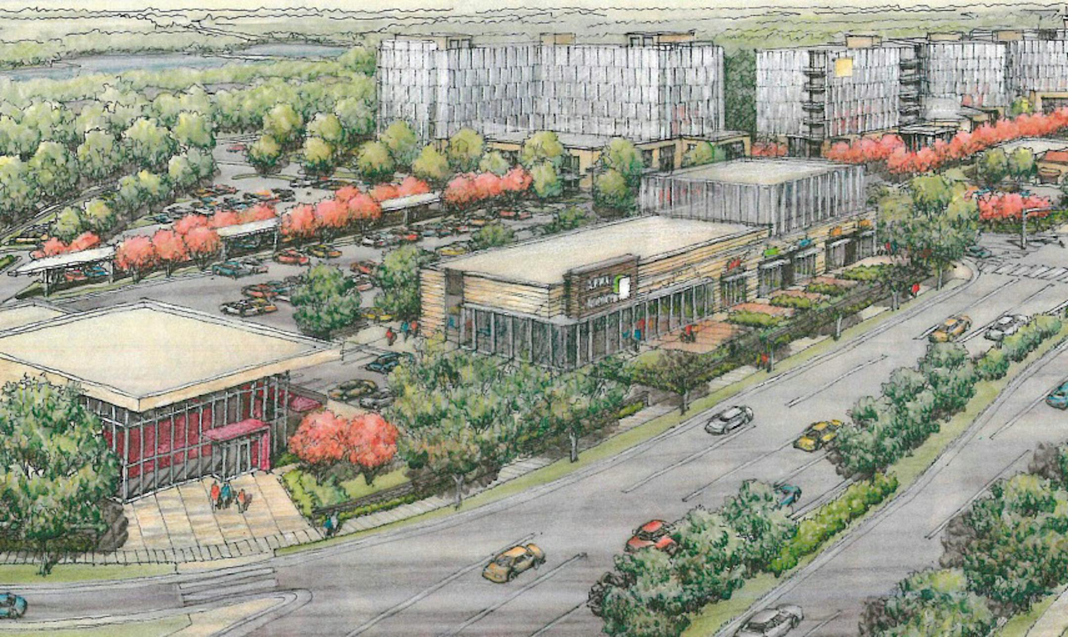 Rendering shows concept of Promenade on France, a $100 makeover of an existing office and restaurant property site near Southdale Center in Edina. View is looking northwest from corner of France Ave. and Valley View/W. 69th St.