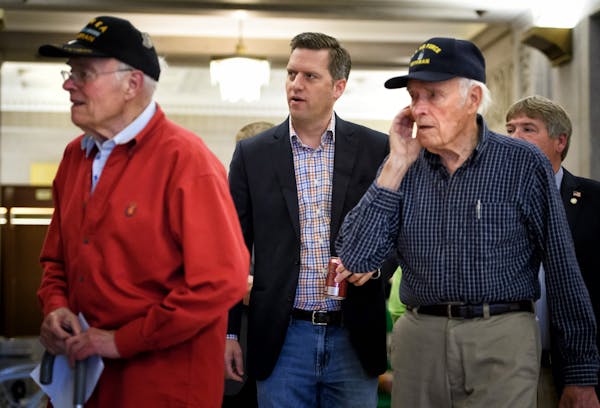 House Speaker Kurt Daudt walked into the news conference with Korean war veterans Wayne and Wendell Carrier. The 86-year-old veterans need the relief 