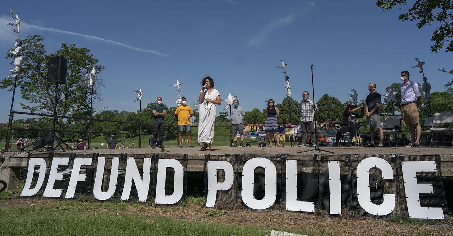 Ninth Ward Council Member Alondra Cano spoke to community members at “The Path Forward” meeting at Powderhorn Park in Minneapolis on Sunday, June 