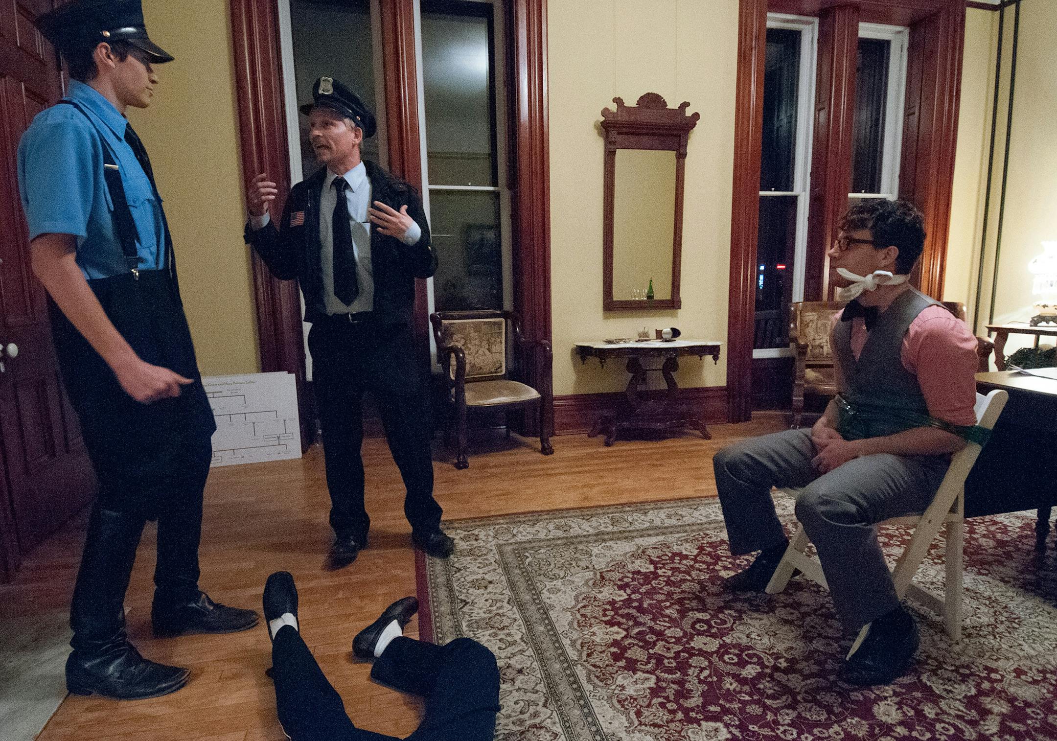(left to right) Reggie Bauer, Jack Sullivan (on the floor), Ken Langenfeld and Aaron Henry rehearsed for a production of &#x201a;&#xc4;&#xfa;Arsenic and Old Lace&#x201a;&#xc4;&#xf9; at the LeDuc House in Hastings. (Photo submitted by Black Dirt Theater)