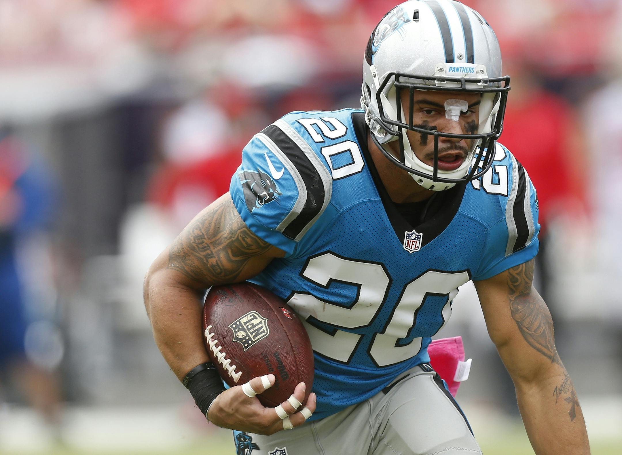 Carolina Panthers free safety Kurt Coleman runs with the football after intercepting a pass by Tampa Bay Buccaneers quarterback Jameis Winston during the second quarter of an NFL football game Sunday, Oct. 4, 2015, in Tampa, Fla. (AP Photo/Brian Blanco) ORG XMIT: OTKCO147