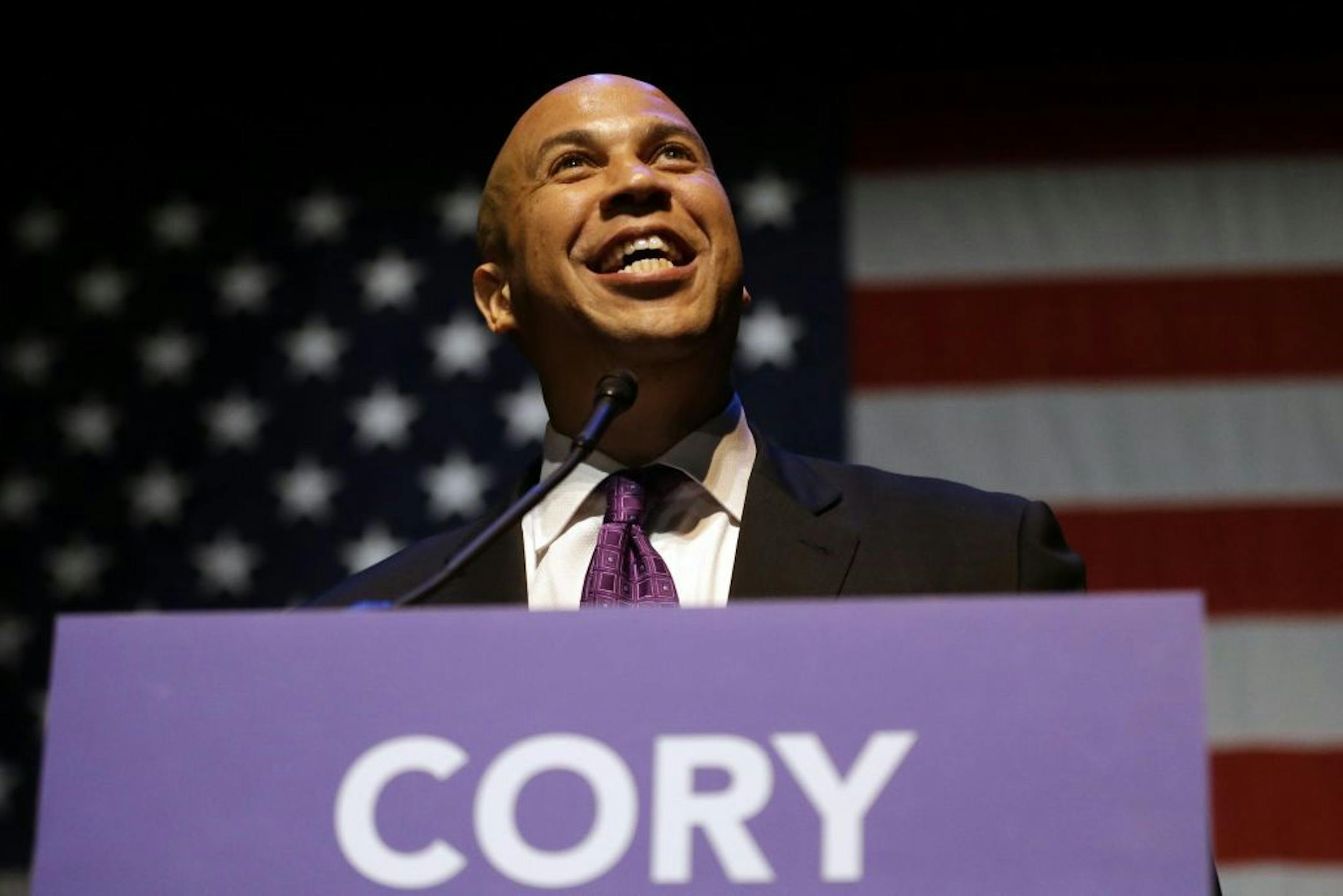Newark Mayor Cory Booker talks to supporters during an election night victory party after winning a special election for the U.S. Senate, Wednesday, Oct. 16, 2013.