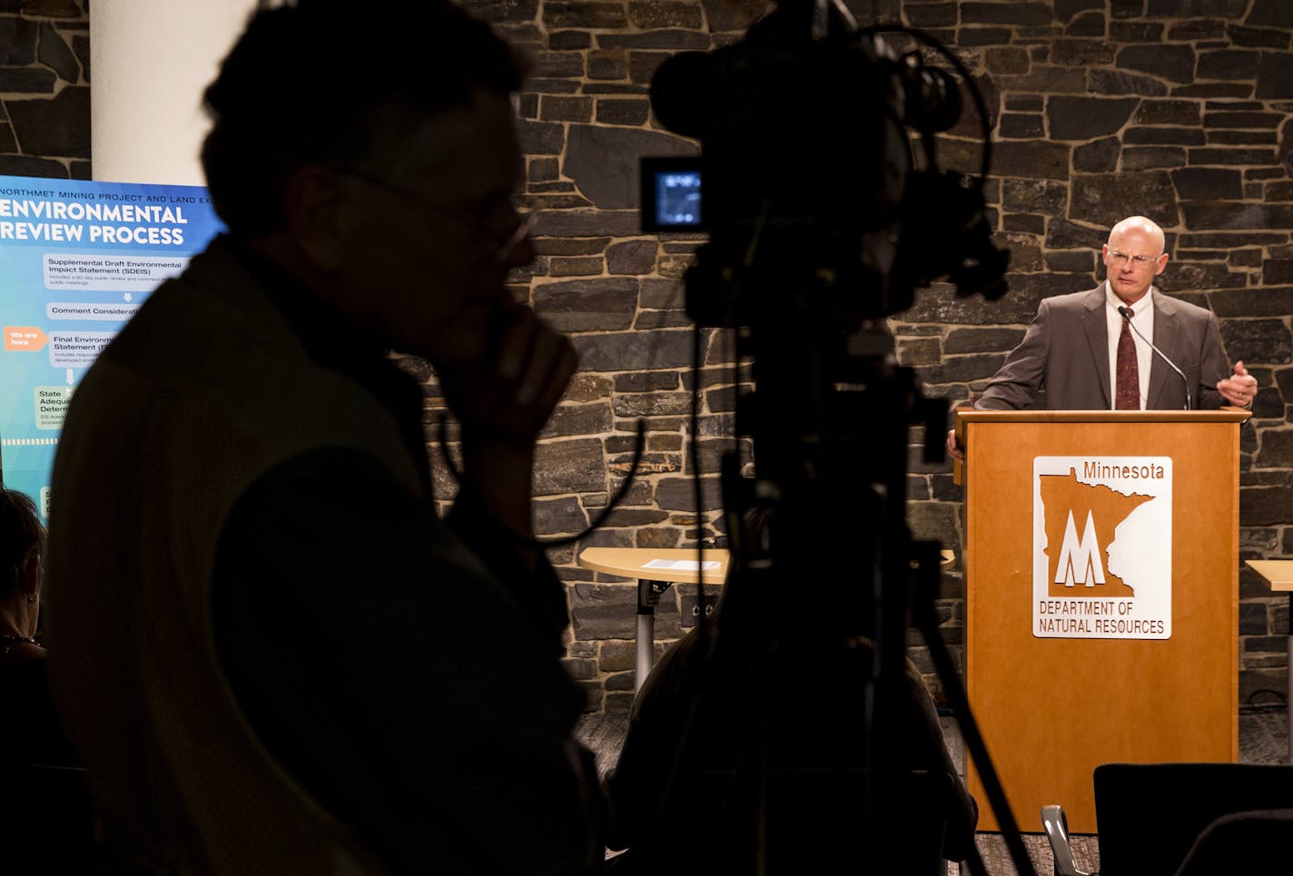 DNR commissioner Tom Landwehr speaks during a press conference at the Minnesota Department of Natural Resources central office in St. Paul on Friday, November 6, 2015. ] (LEILA NAVIDI/STAR TRIBUNE) leila.navidi@startribune.com BACKGROUND INFORMATION: The Minnesota Department of Natural Resources met with media to discuss the release of the final environmental impact statement on PolyMet Mining Inc.&#x2019;s proposed NorthMet mine project in northeastern Minnesota, the state&#x2019;s first propos