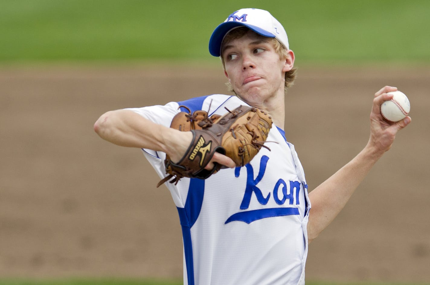 Kasson-Mantorville's Charlie Meyer (5) pitches in the St. Cloud Cathedral vs. Kasson-Mantorville boys high school Class 2A baseball semifinals, in St. Cloud, Minn., on Friday, June 14, 2013. Kasson-Mantorville won the game 2-0 and will play in the championship game at 1 p.m. on Monday at Target Field in Minneapolis. ] (ANNA REED/STAR TRIBUNE) anna.reed@startribune.com (cq)