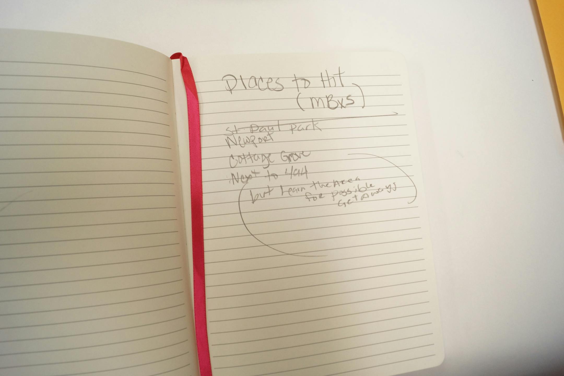 Suspect's notebook includes advisory: "Learn the area for possible getaways."