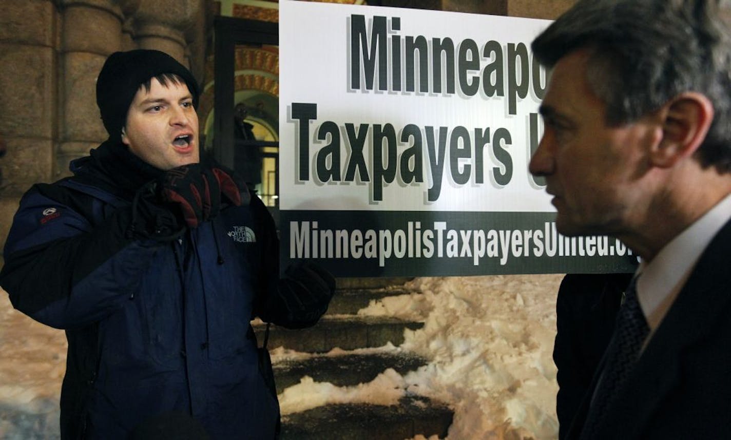 Last month at Minneapolis city hall, Kris Broberg made his point about taxes being too high to Mayor R.T. Rybak. "My taxes have gone up four times in the fourteen years."