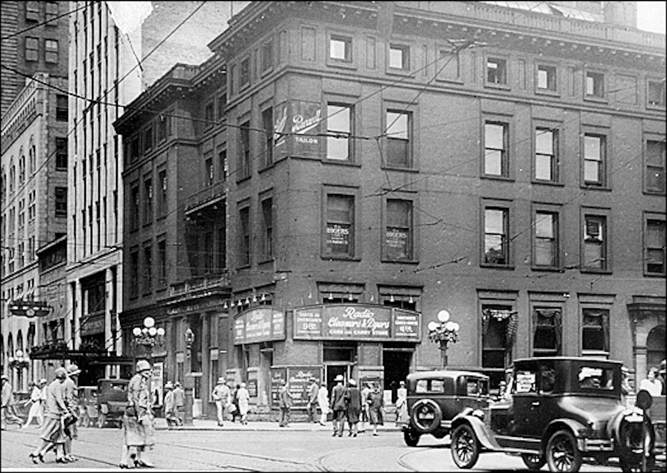 A vintage photo of a famous downtown Minneapolis street corner.