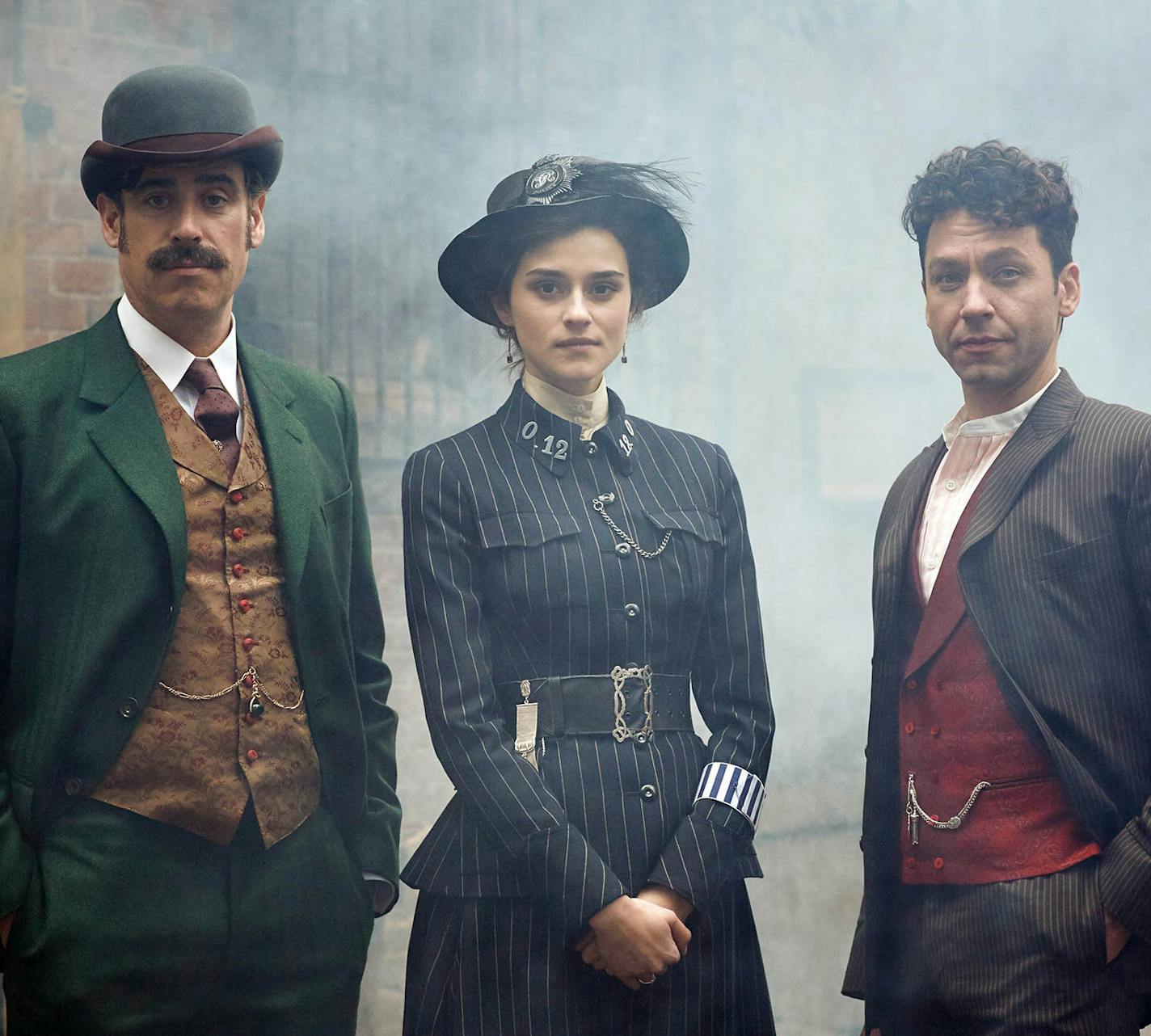 HOUDINI & DOYLE: L-R: Stephen Mangan as Arthur Conan Doyle, Rebecca Liddiard as Adelaide Stratton and Michael Weston as Harry Houdini. &#xa9; 2016 FOX Broadcasting Co. Cr: Joseph Scanlon / FOX.