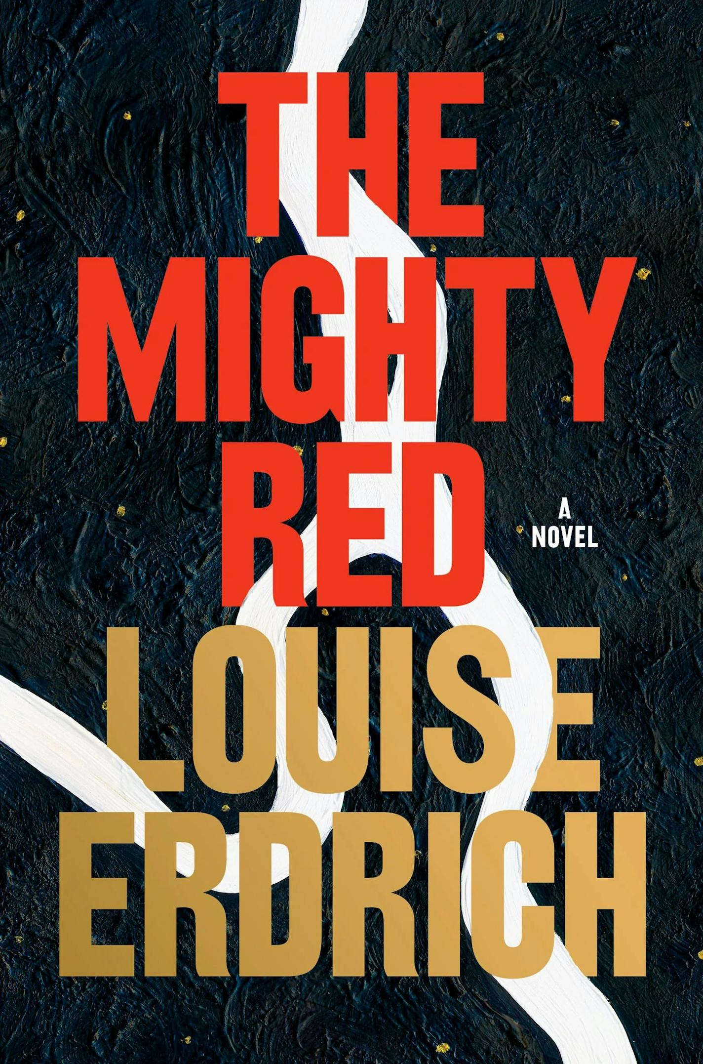 The black, white and red cover of The Mighty Red is an impressionistic painting of a river