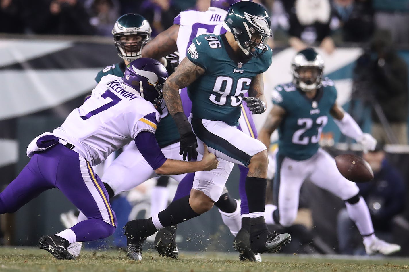 Philadelphia Eagles defensive end Derek Barnett (96) knocked the ball out of Minnesota Vikings quarterback Case Keenum (7) hands for a fumble in second quarter during the NFC Championship game at Lincoln Financial Field January 21 ,2017 in Philadelphia , PA