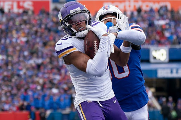 Vikings wide receiver Justin Jefferson scored a first-quarter touchdown over Buffalo Bills cornerback Dane Jackson on Sunday.